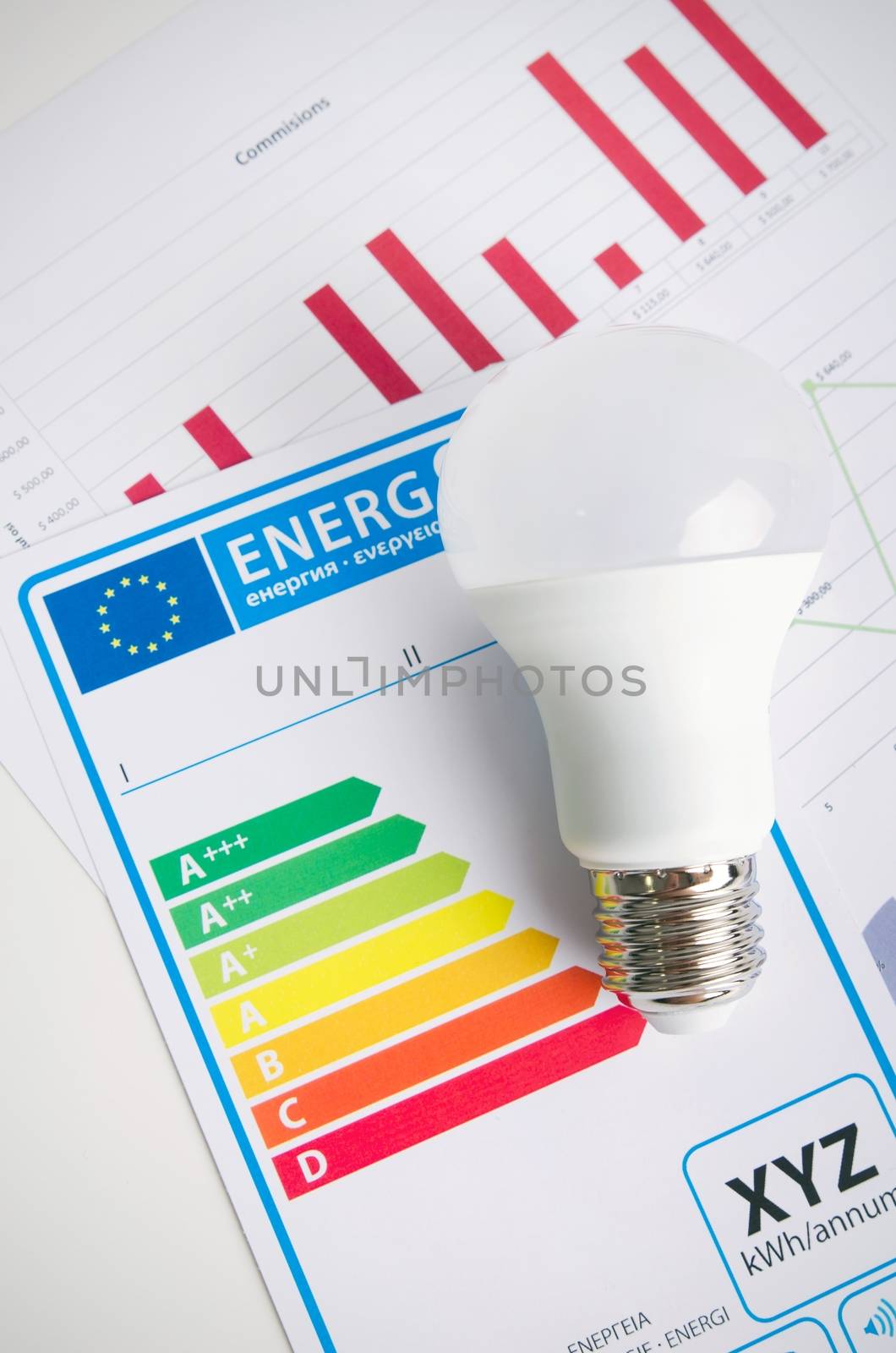 LED light bulb on energy efficiency chart by simpson33
