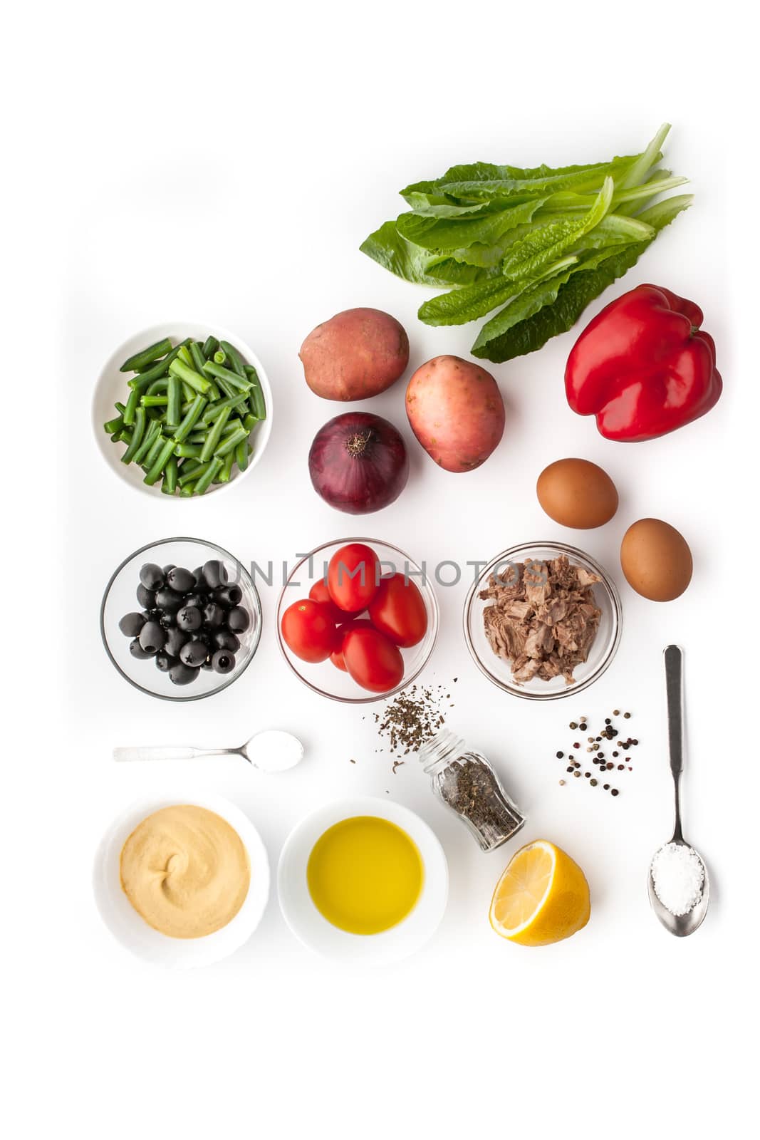 Ingredients for Nicoise salad on the white background