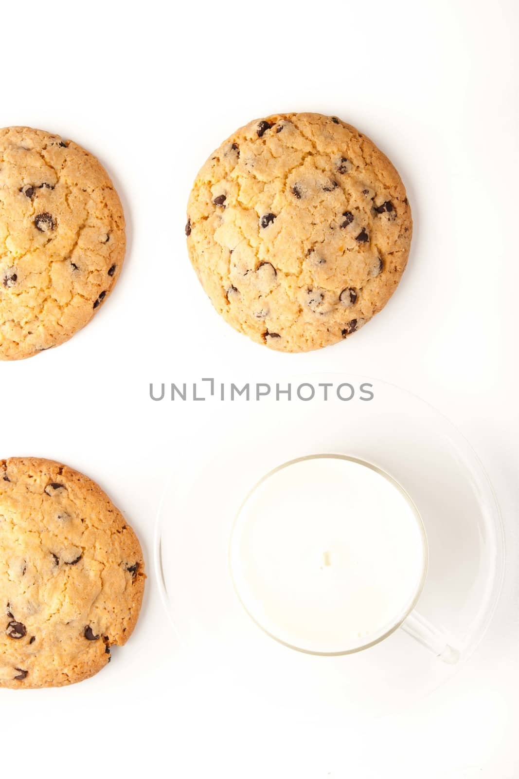 Chocolate chip cookies  with milk on the white background