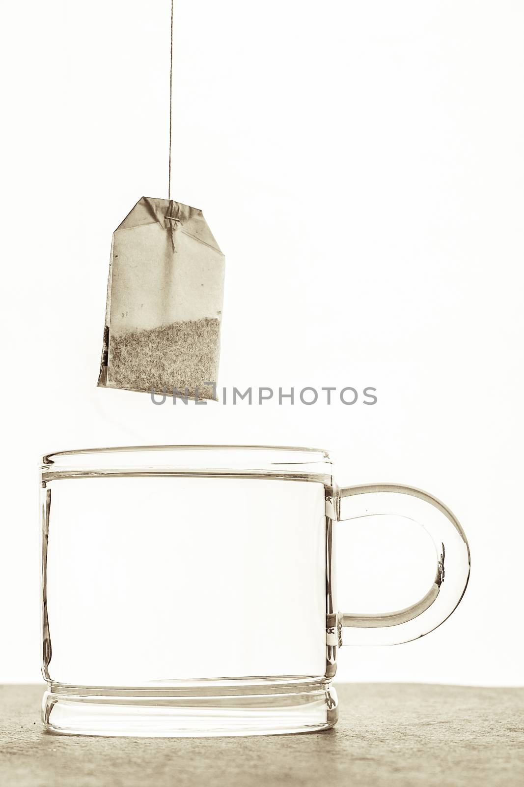 Tea bag with cup of water  on the white background