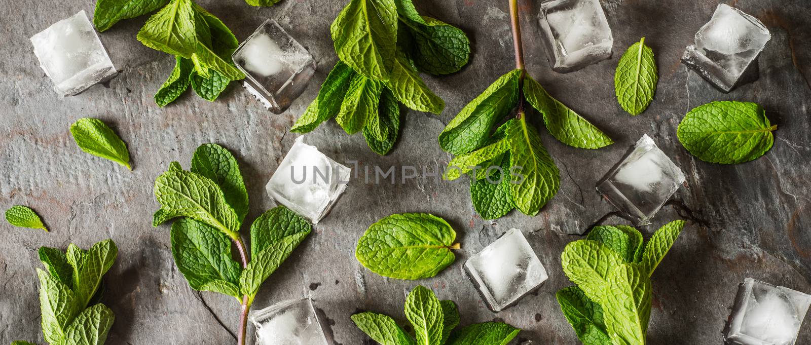 Fresh mint with ice cube on the stone table wide screen