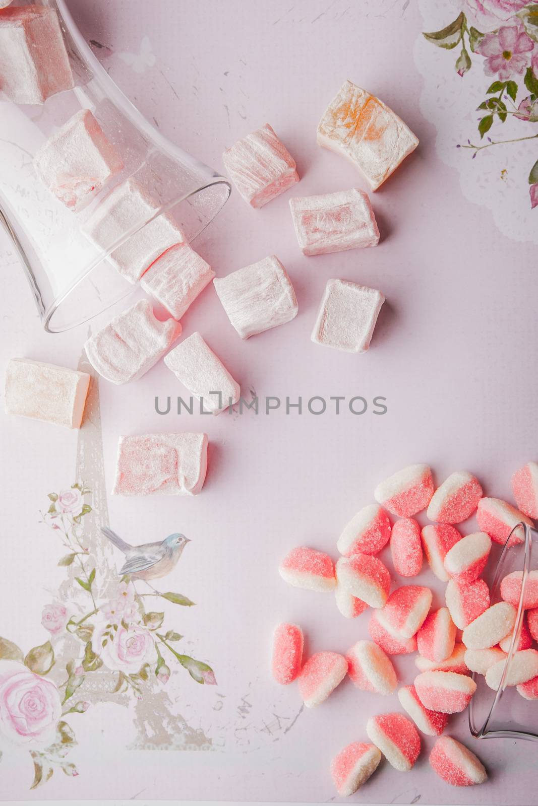 Turkish delight and fruit jellies on the romantic pink background