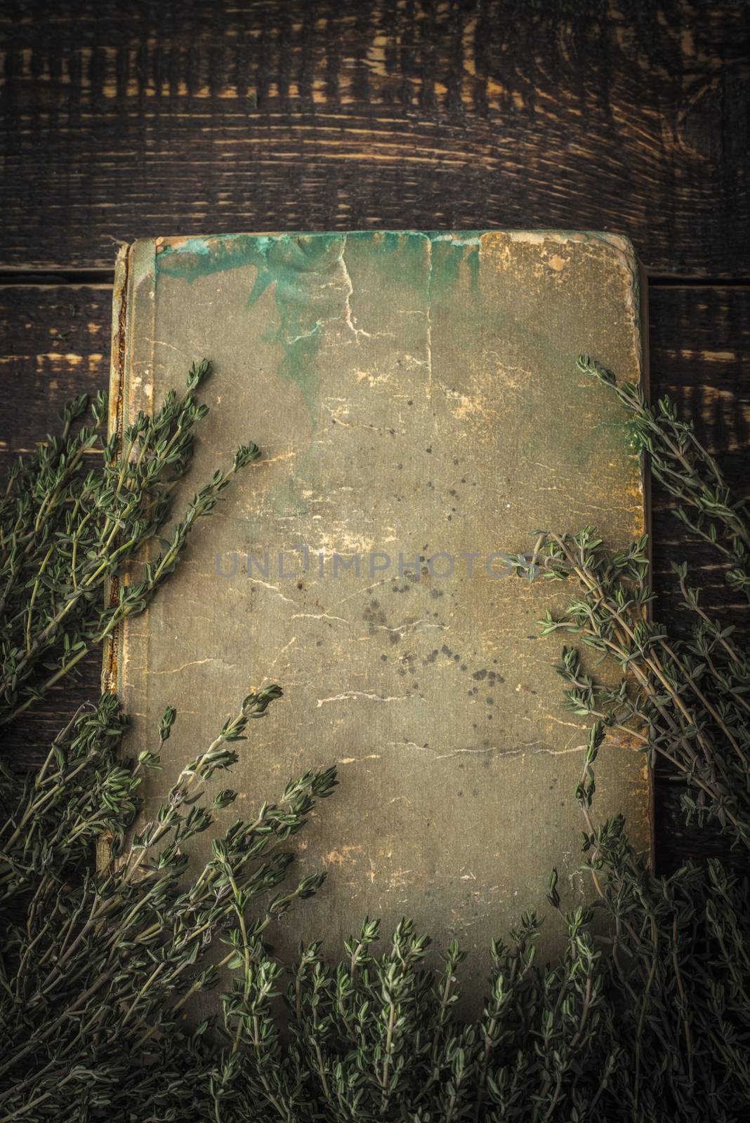 Old book with thyme on the wooden table verticalФС