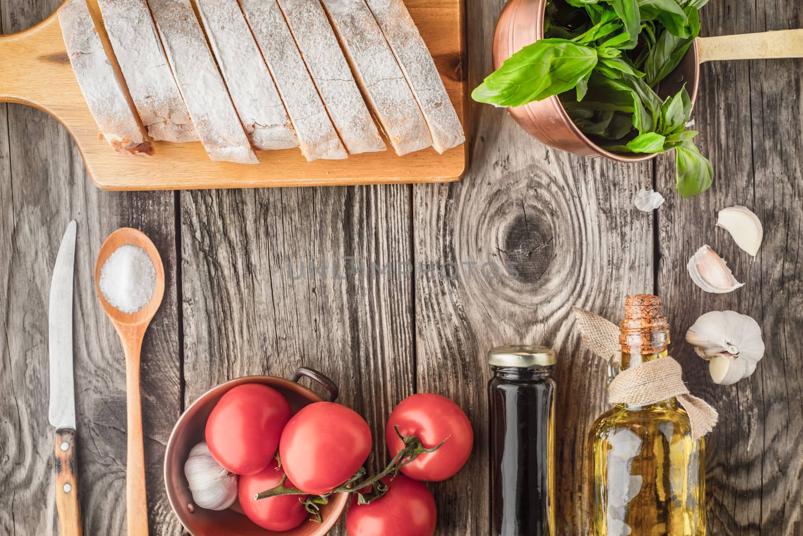 Ingredients for  bruschetta on the wooden table horizontal