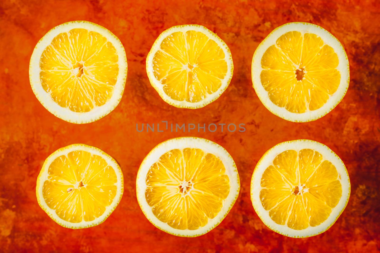 Lemon slices on the terracotta background top view