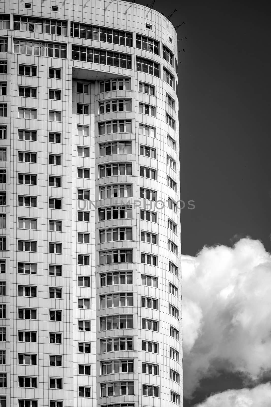 Multistory building on the sky black and white