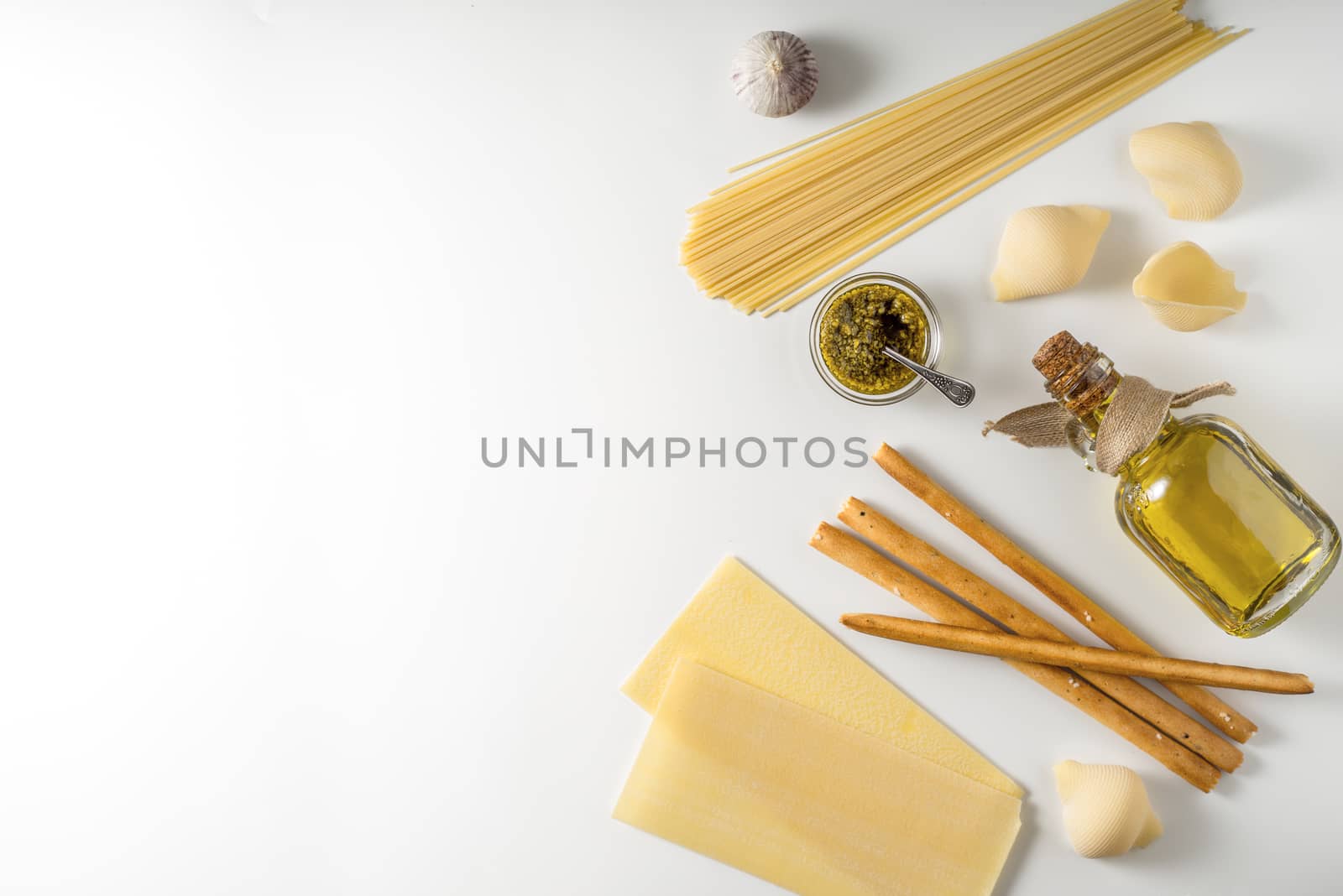 Italian food mix on the white background top view by Deniskarpenkov