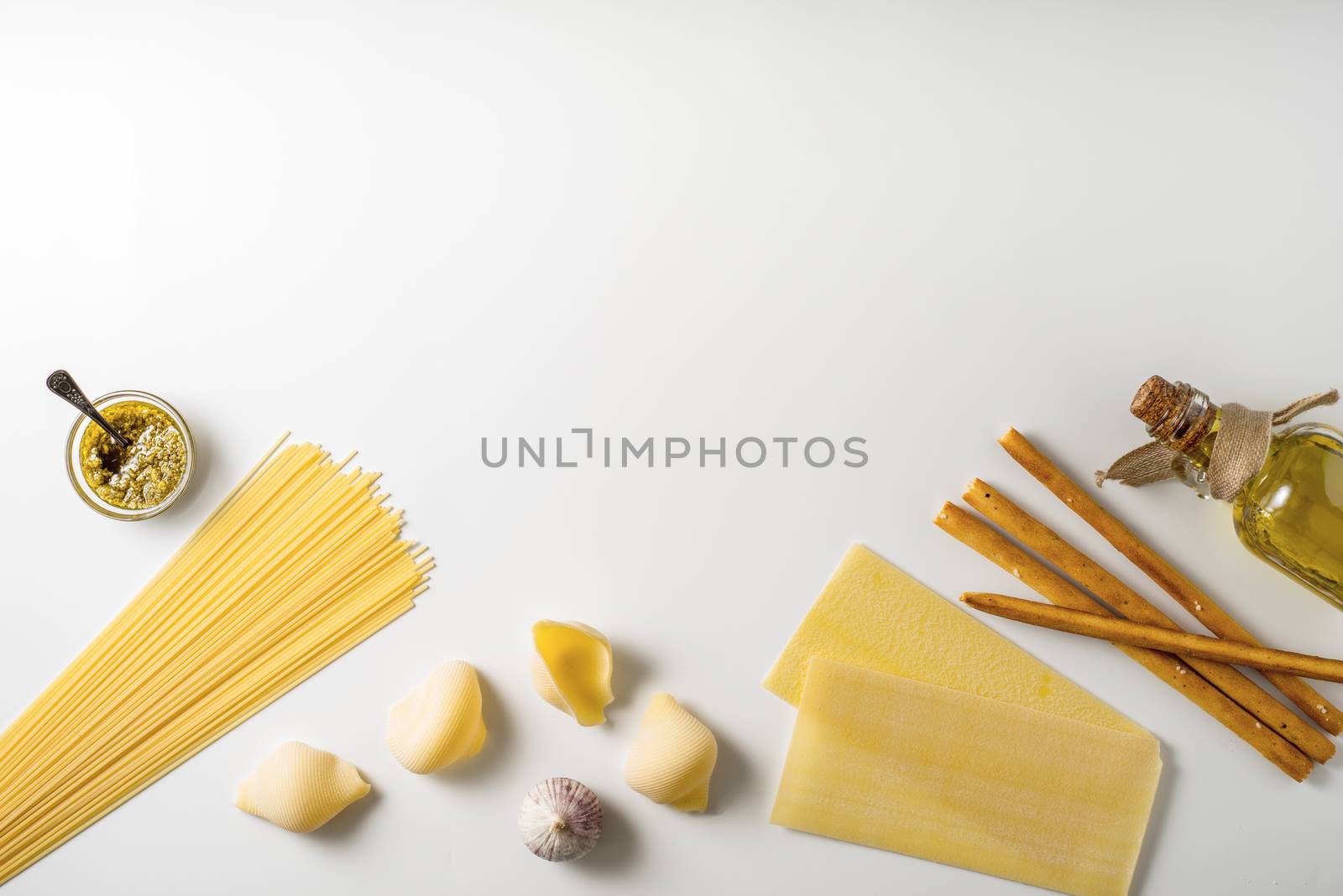 Italian food still life on the white background top view by Deniskarpenkov