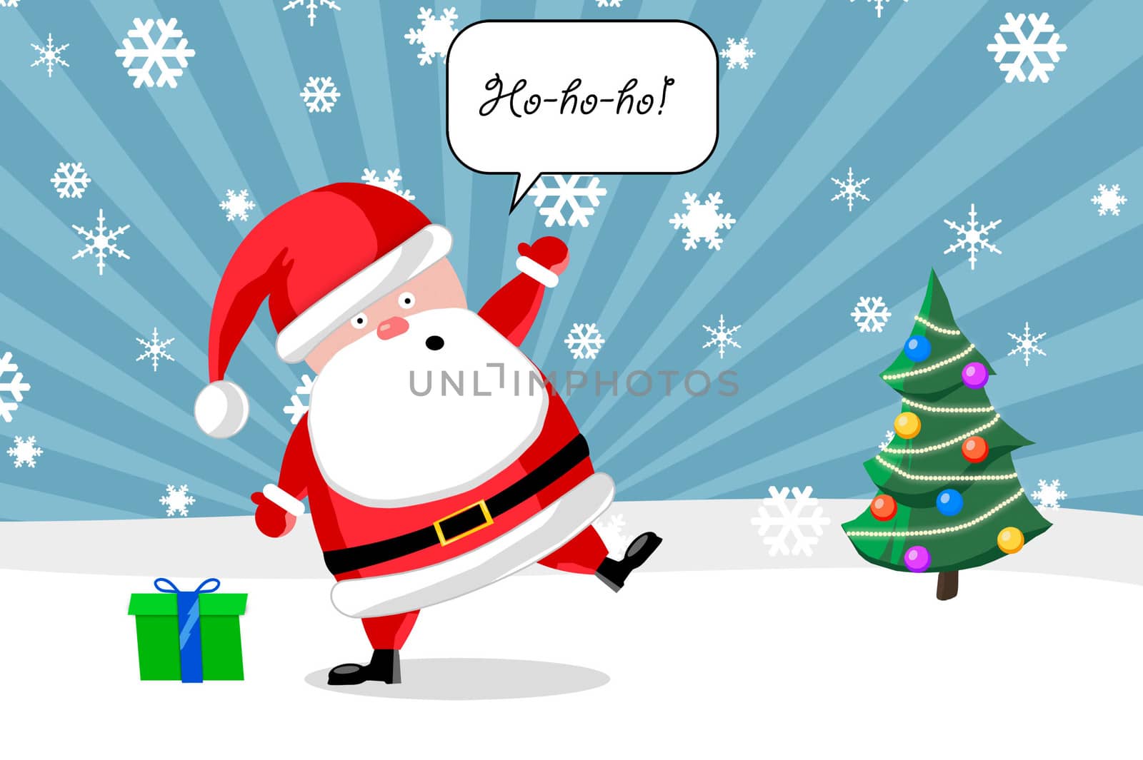 Santa ouside with a present and Christmas tree