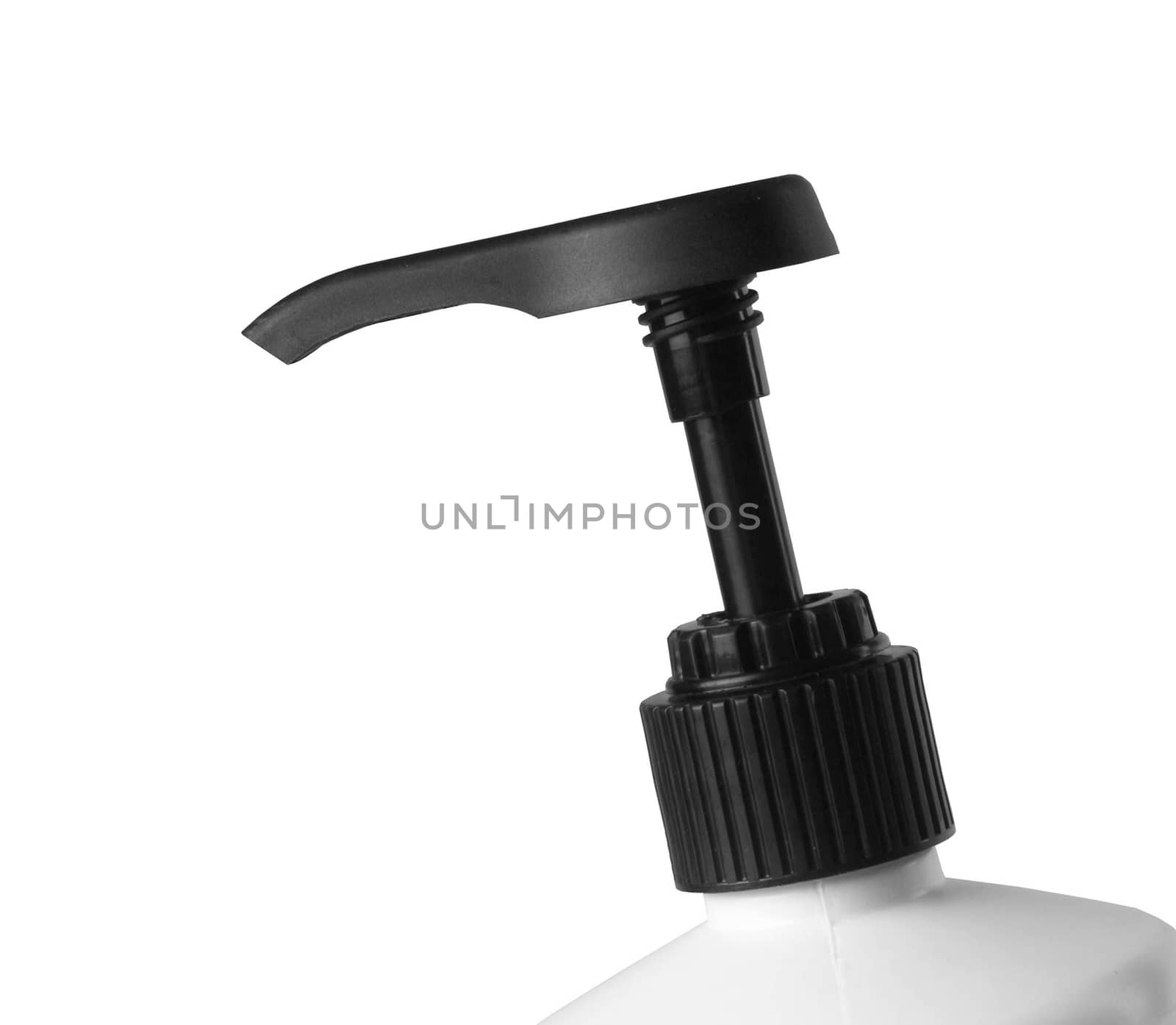 Amber liquid in pump bottle isolated on white background.
