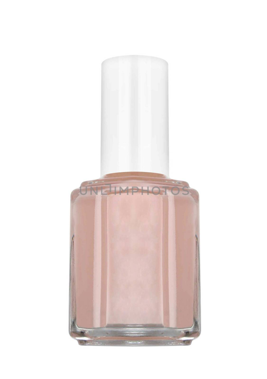 bottle of beige nail polish, white background