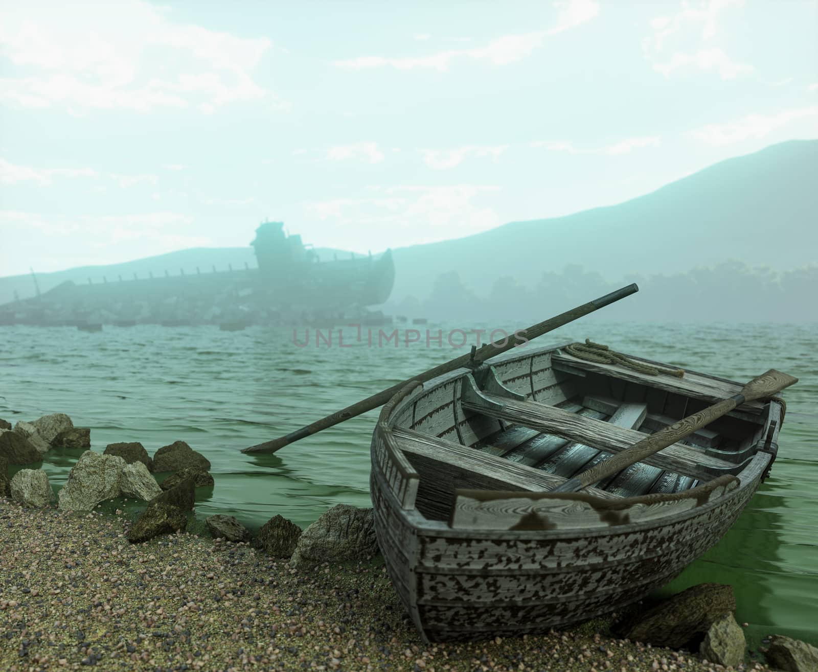 Apocalyptic concept background with old boat on the beach by denisgo