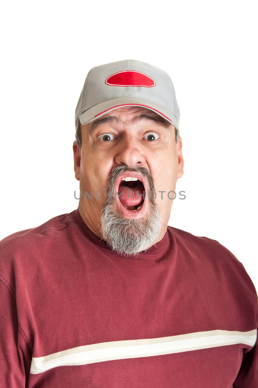 Mature male with a fearful look and his mouth wide open