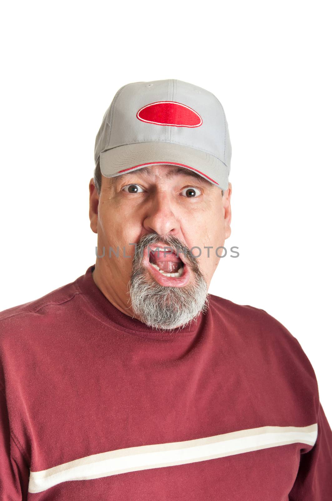 Adult male with a look of horror on his face isolated on a white background.