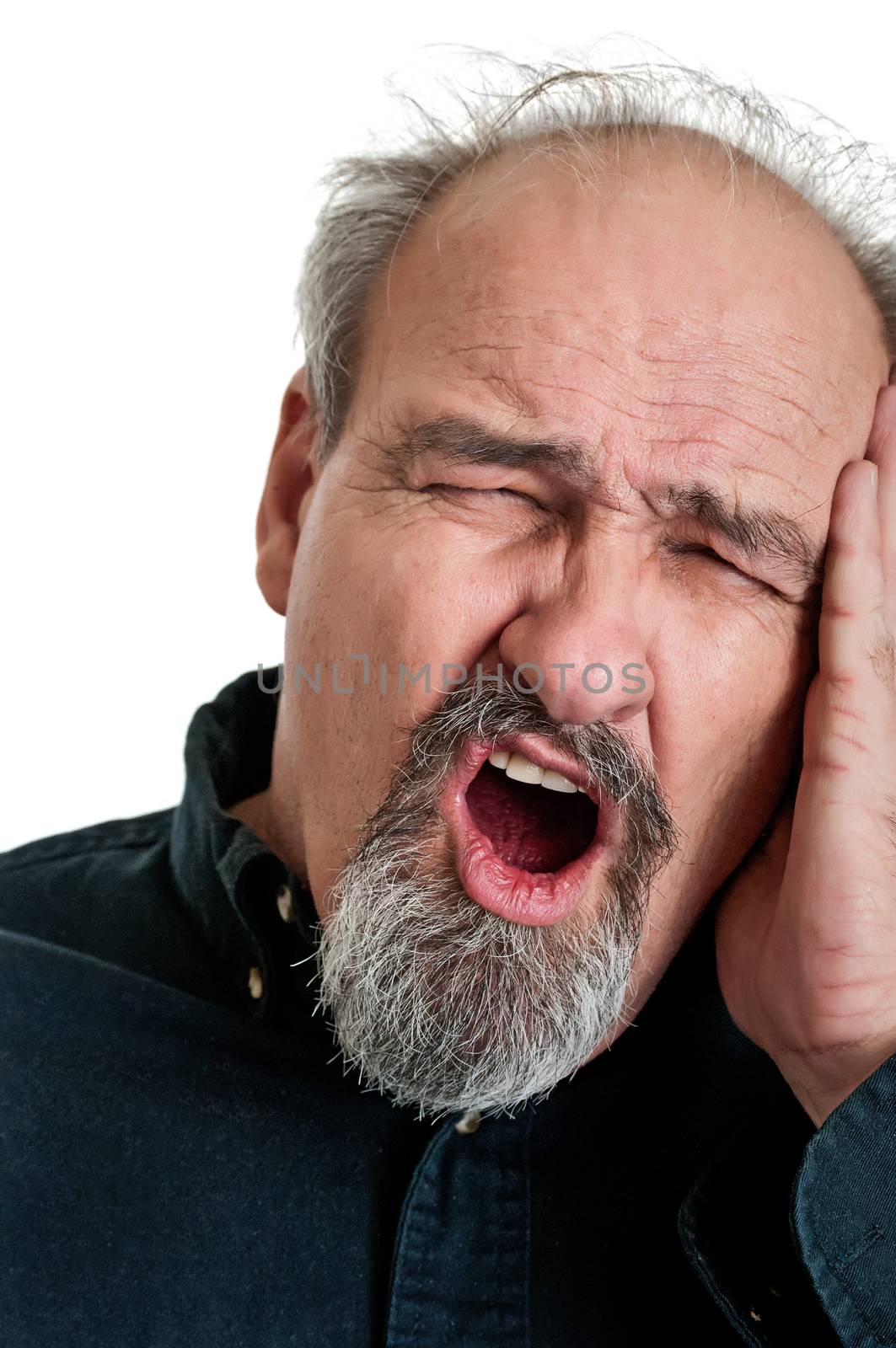 Balding man in his sixties holding his head in pain as he shouts. Isolated on a white background.