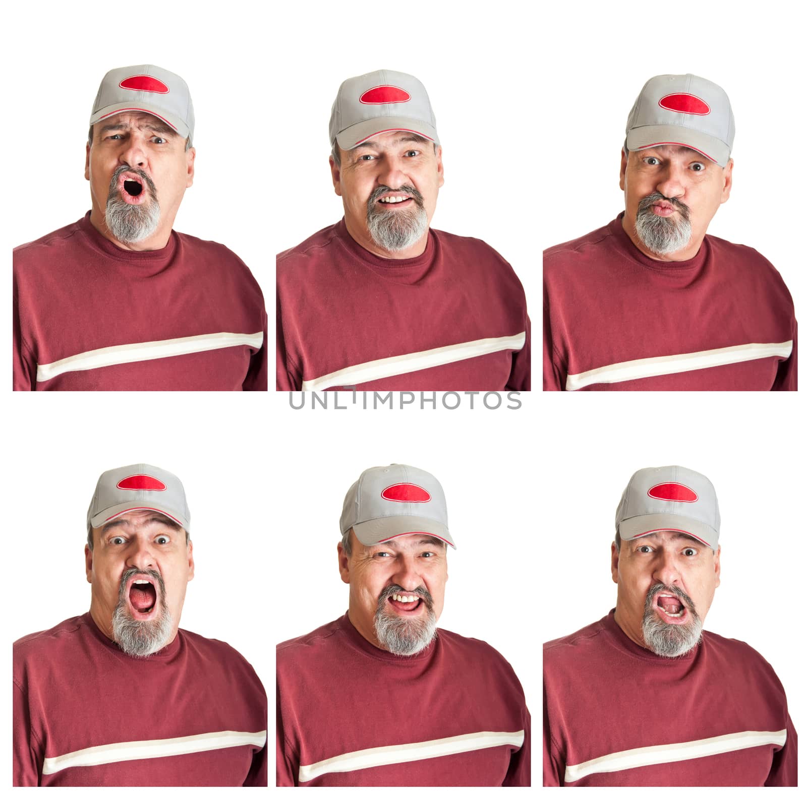 Collection of six varied expressions on a mature man isolated on white backgrounds.