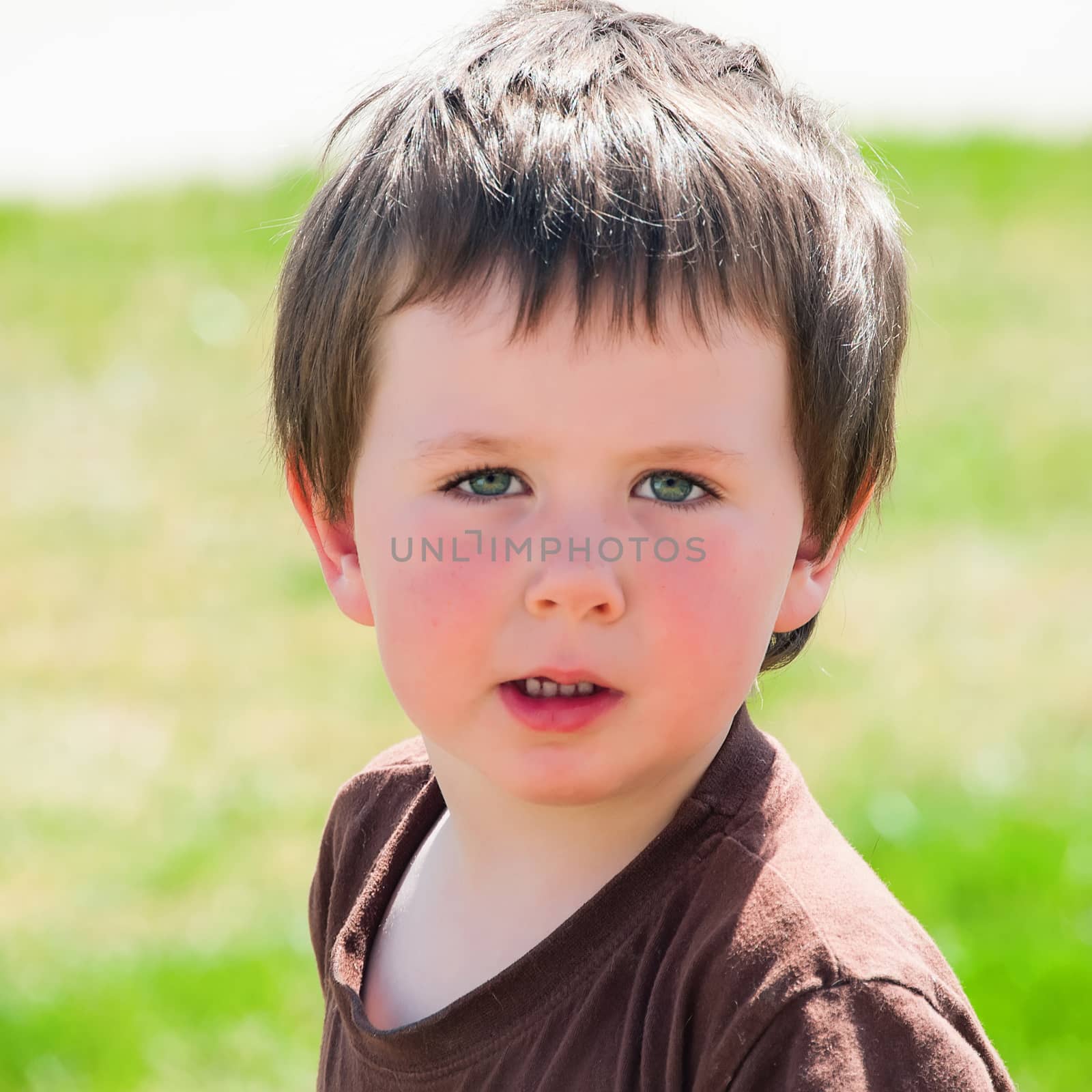 Cute little boy takes a break from playing outside to get his picture taken.