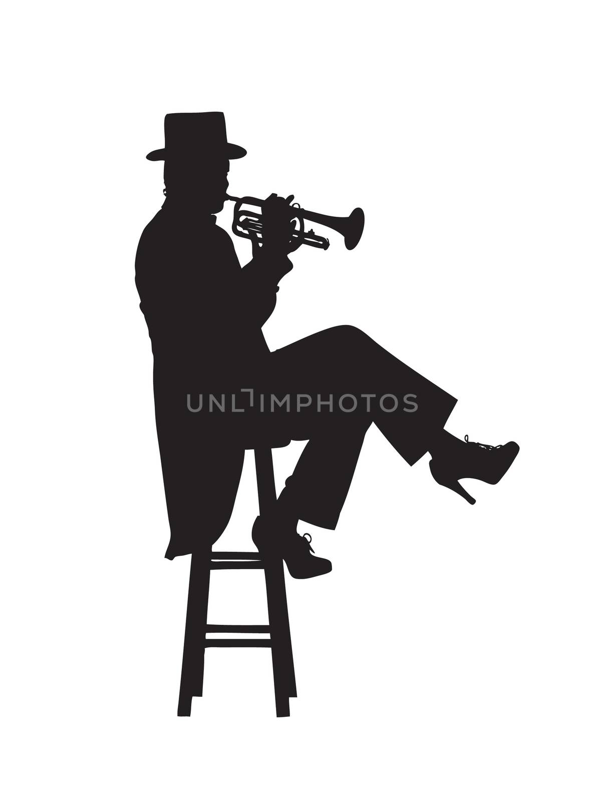 Woman dressed in a tuxedo and top hat, seated on a stool playing a trumpet in silhouete