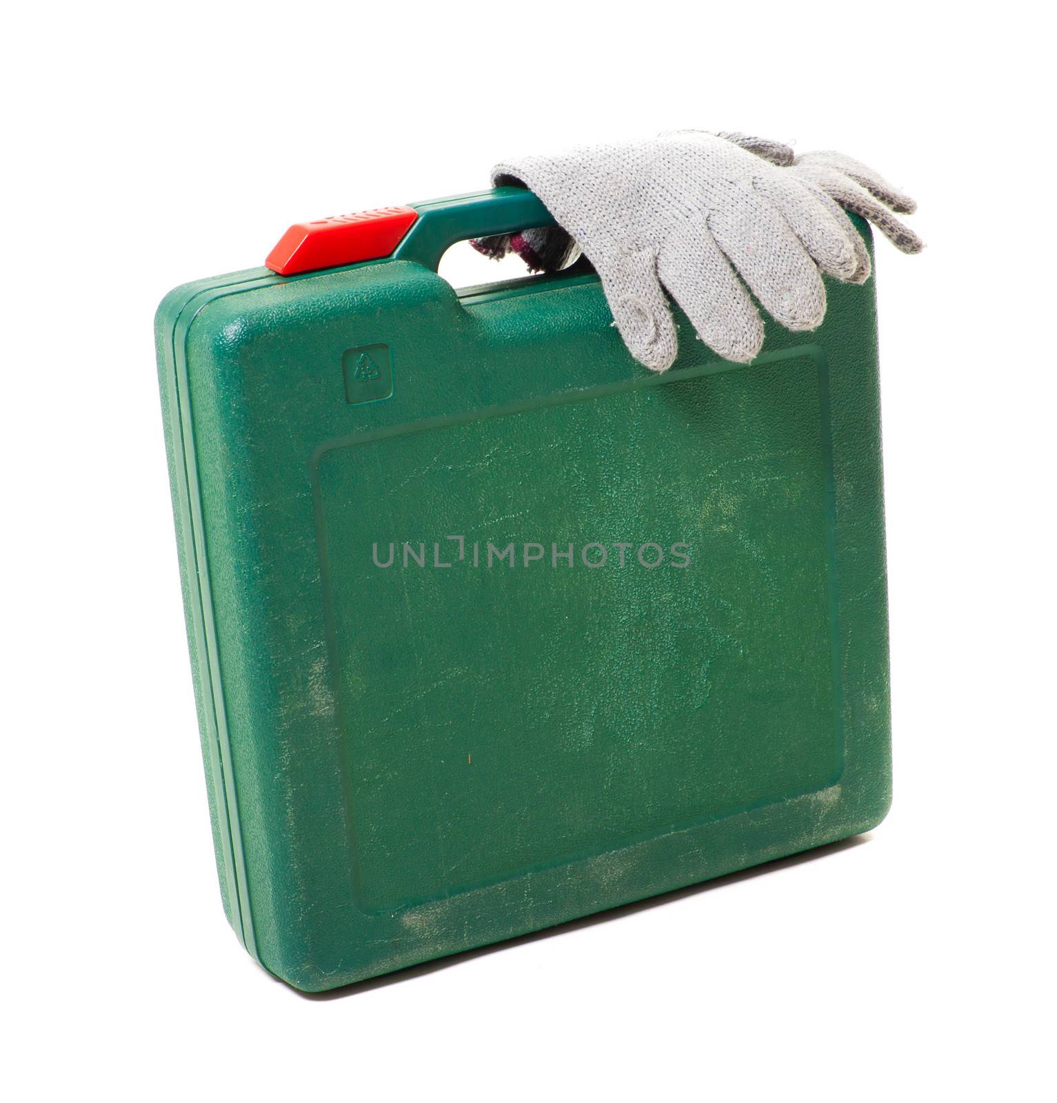 tool box with gloves isolated on white