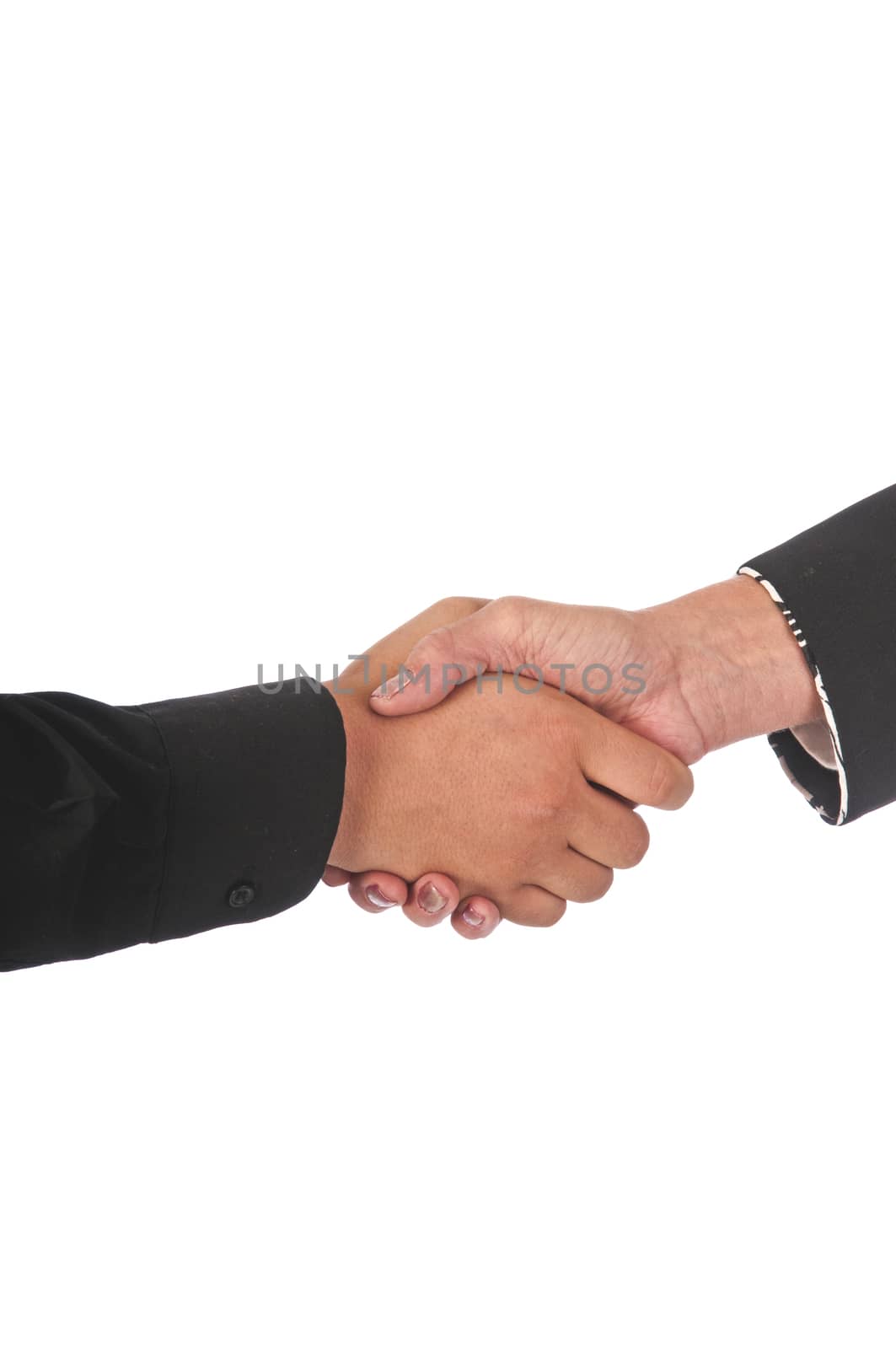 Businesswoman shaking the hand of a male client, isolated on a white background.