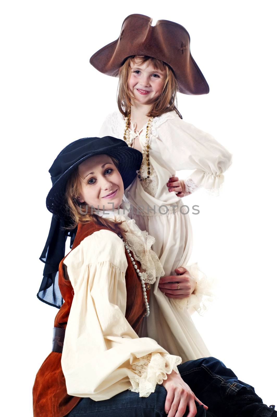 Dressing up in pirate and lady costumes.