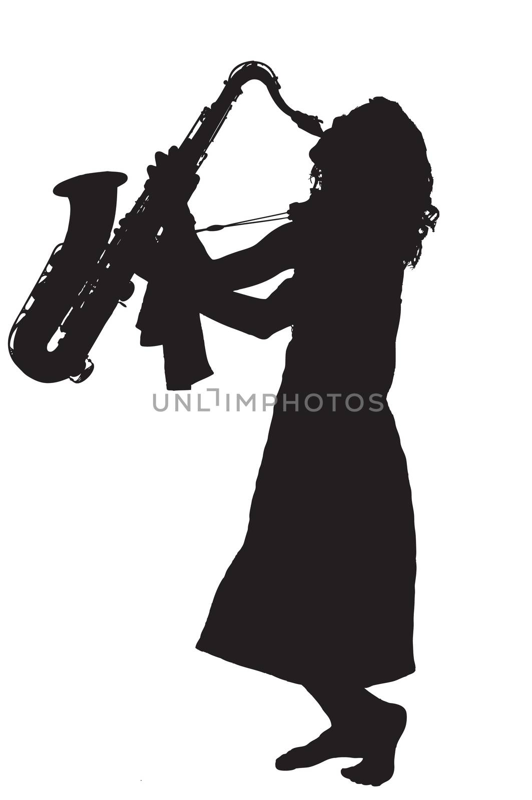 Pretty young woman playing dixieland jazz on a saxophone barefoot.