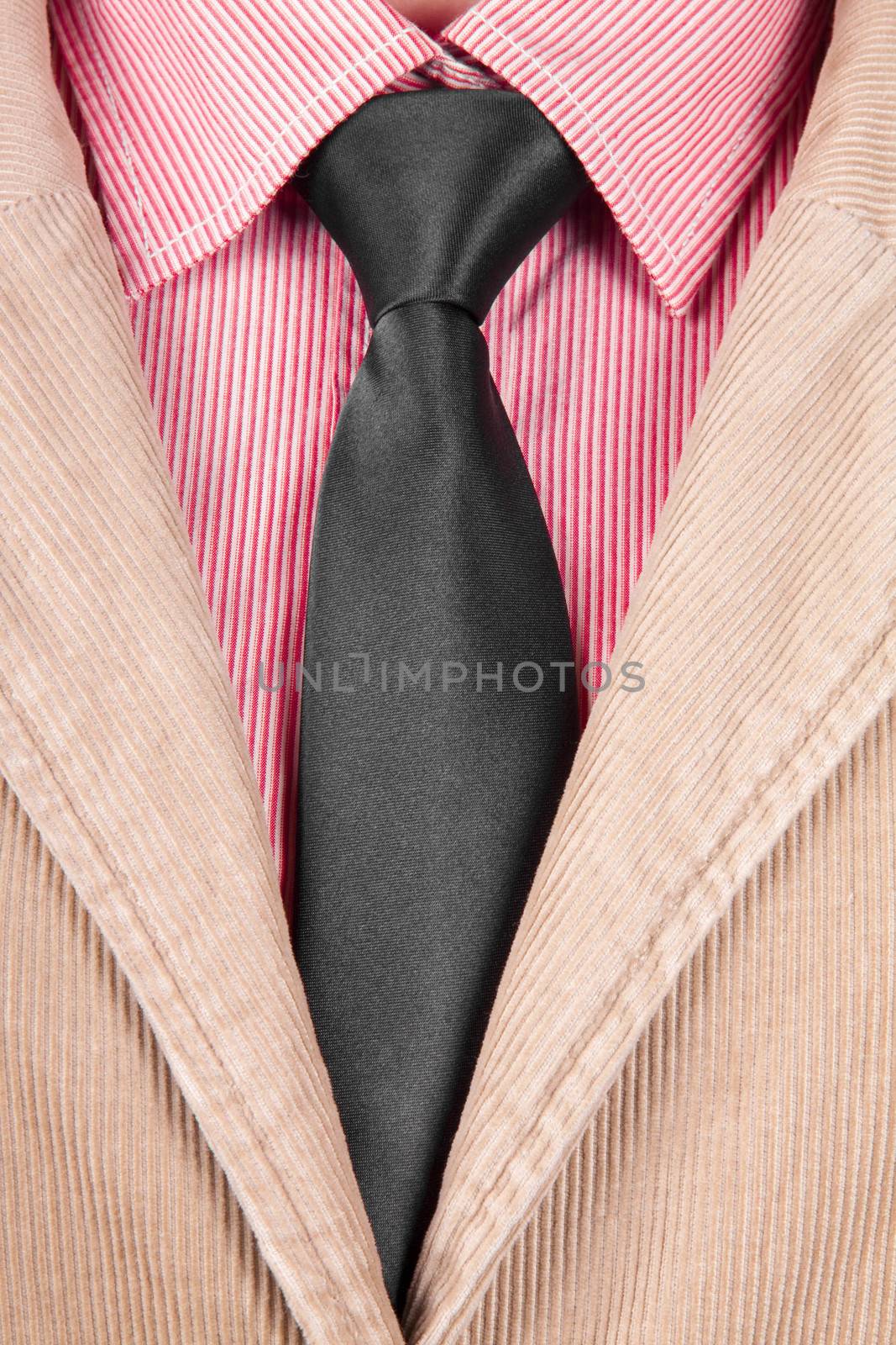 Close-up of red striped shirt with black tie