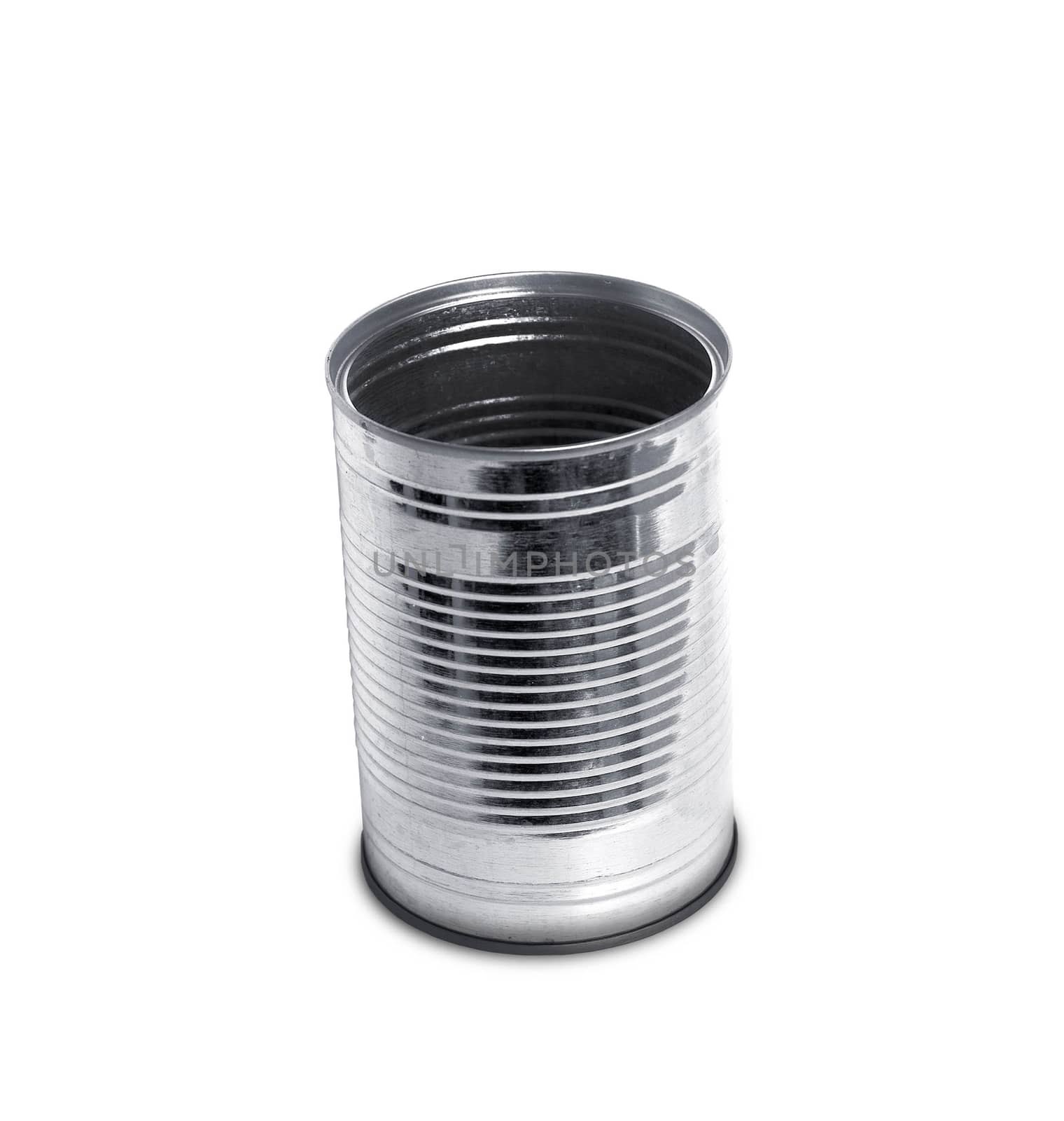 Empty open tin can without label isolated on white.