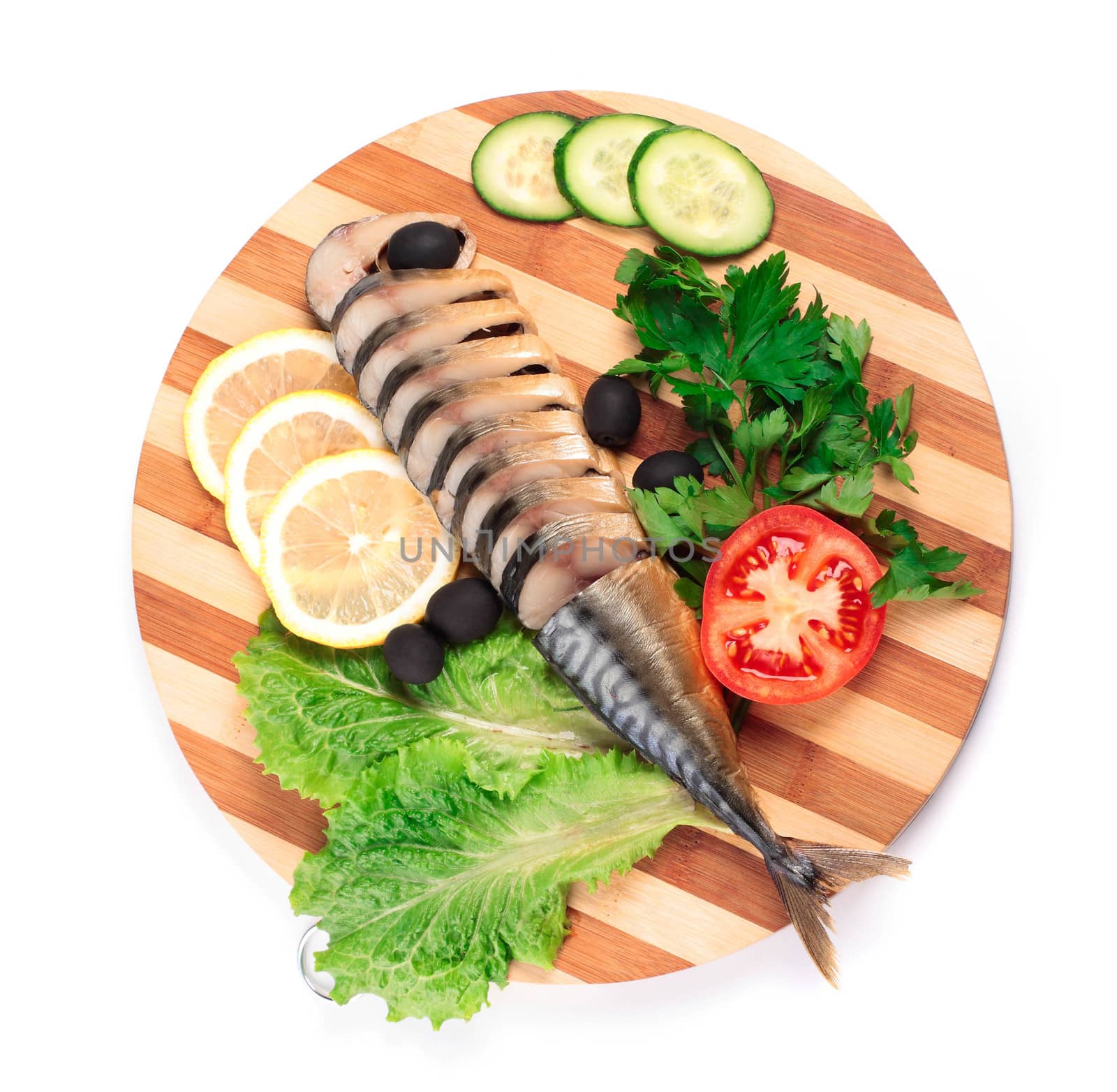 sliced herring on wooden plate