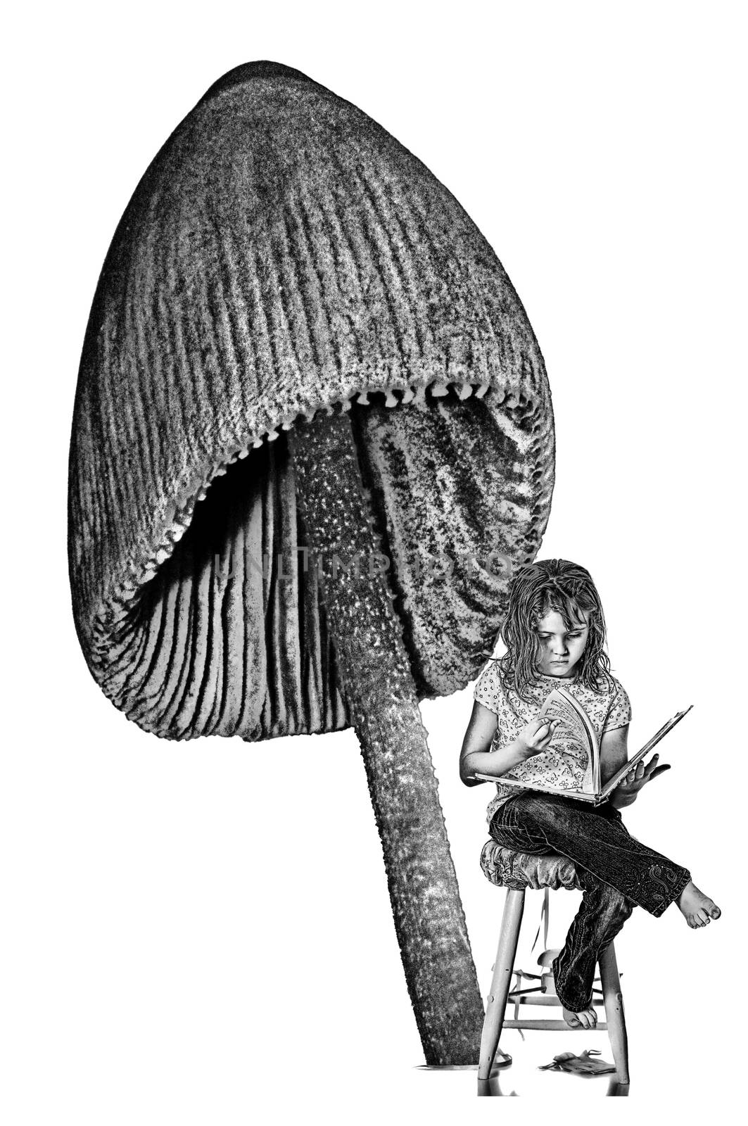 Little girl reading under a mushroom by rcarner
