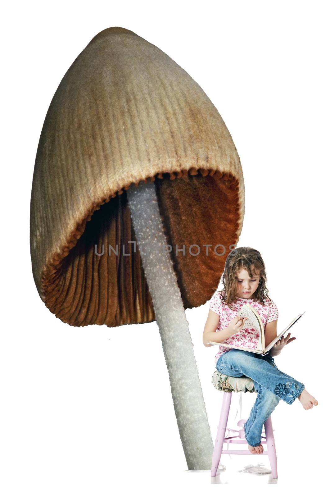 Little girl letting her imagination roam free while she reads under the shade of a giant mushroom.