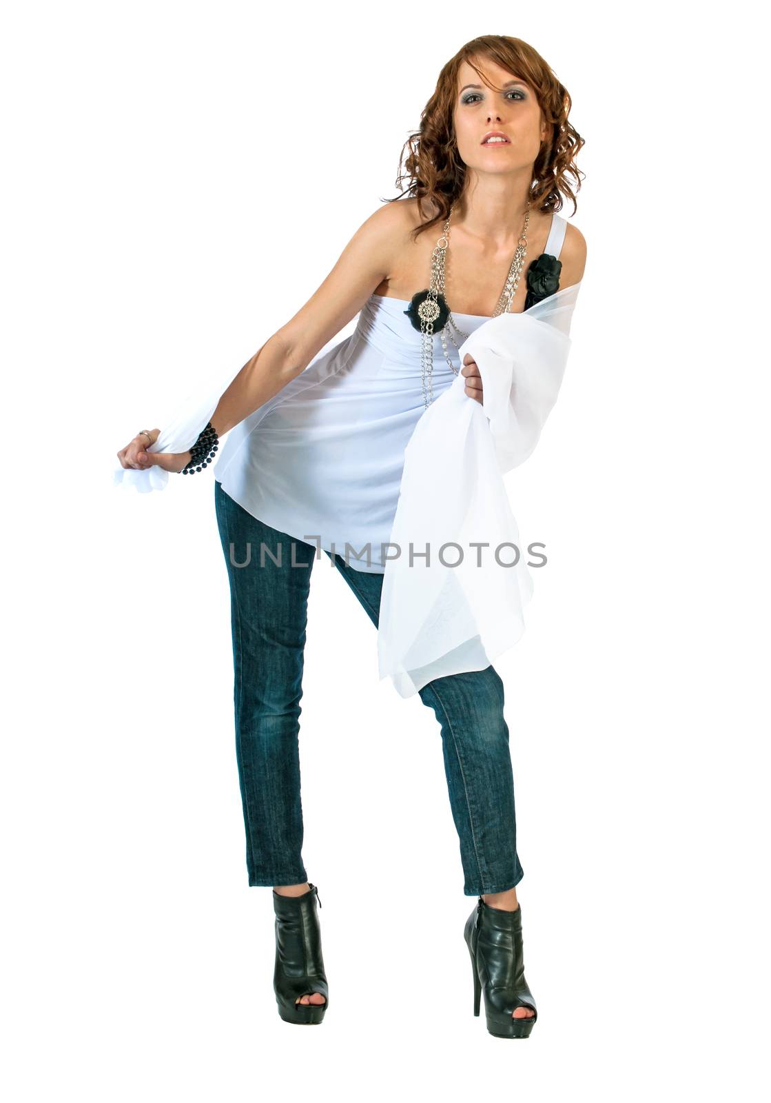 Beautiful young girl with a white scarf wrapped around her back. Isolated on a white background
