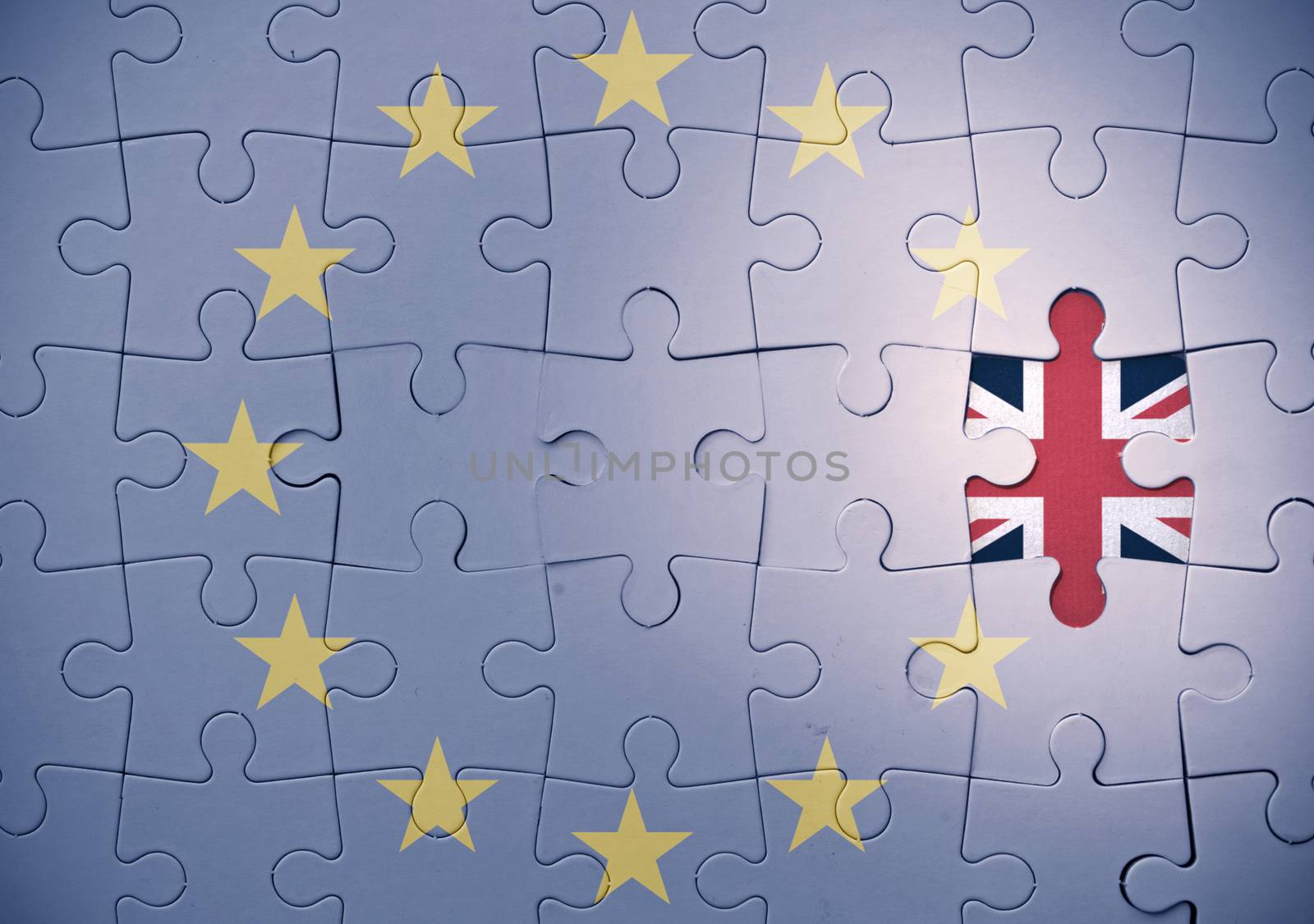 European Union jigsaw puzzle with missing British flag piece on one side
