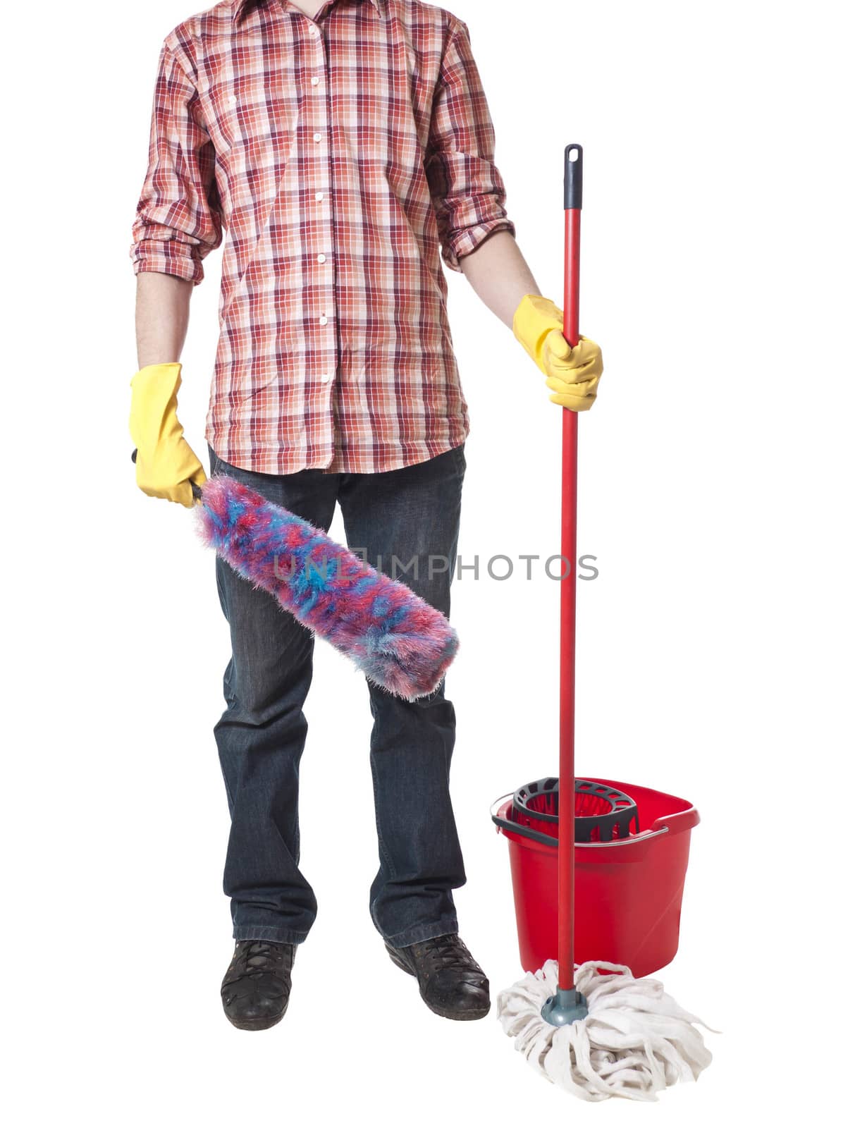 Young sweeping man workwear. Isolated