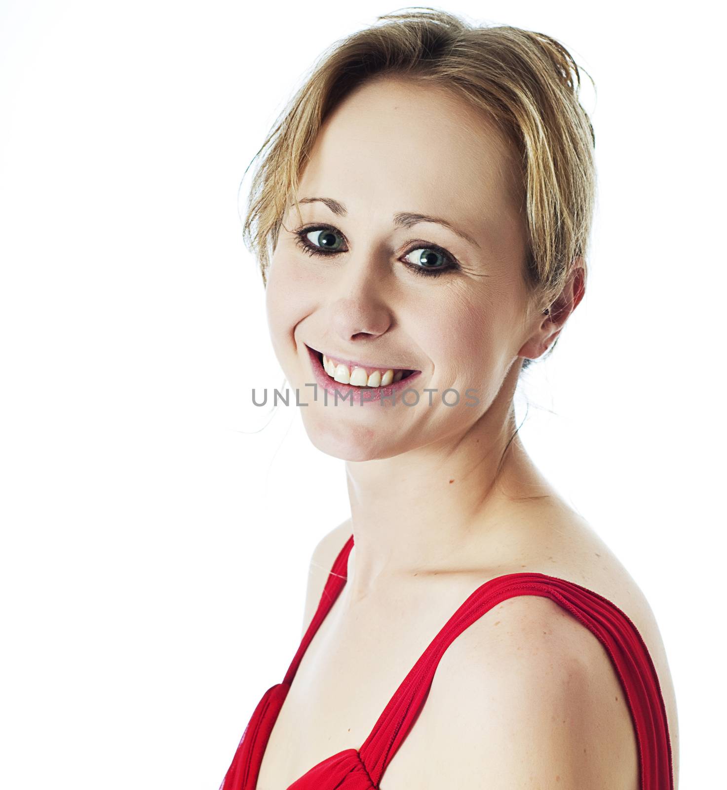 Head shot of a sexy young woman wearing red against a white background.