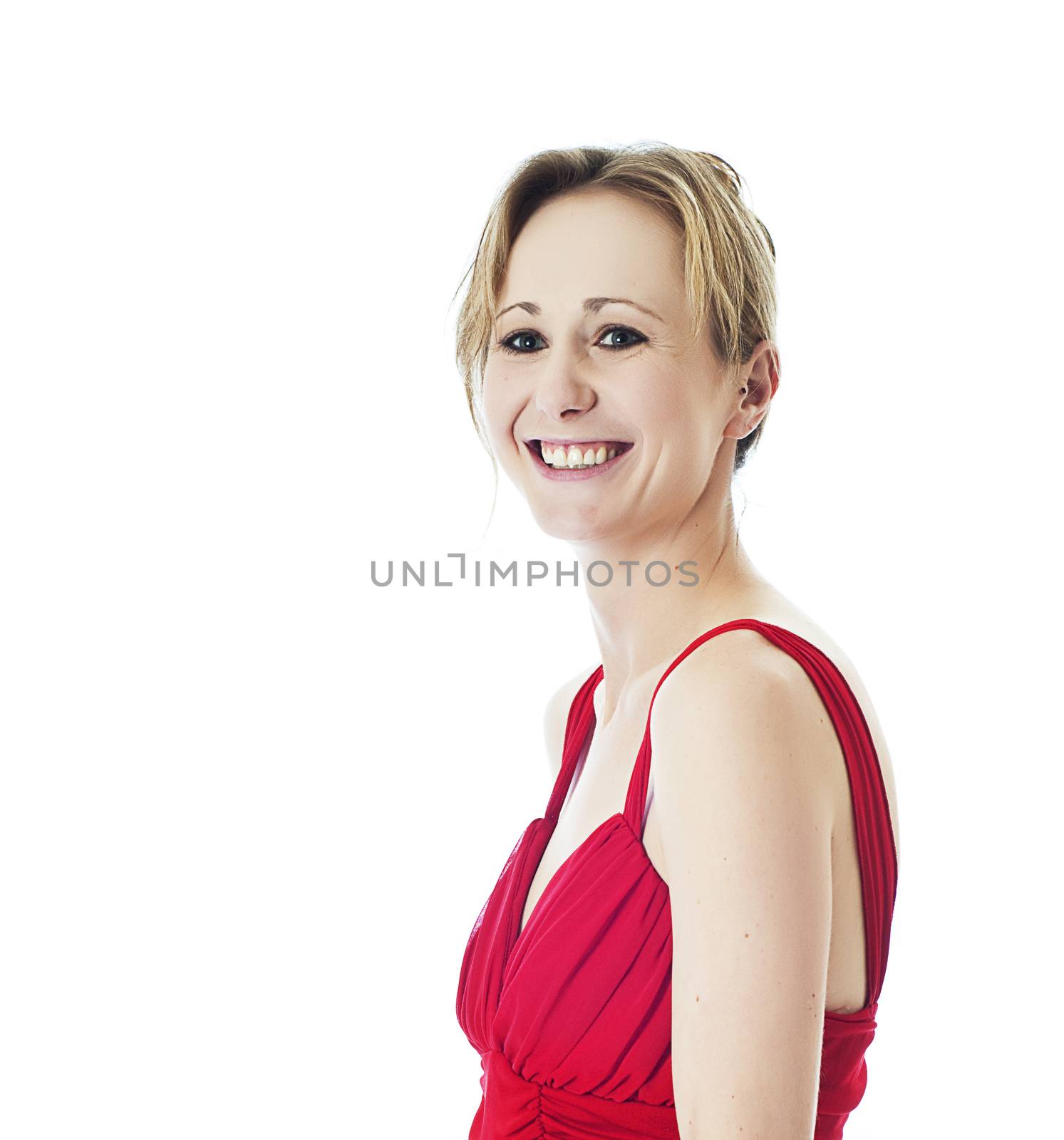 Young woman in red dress. Isolated with white background.
