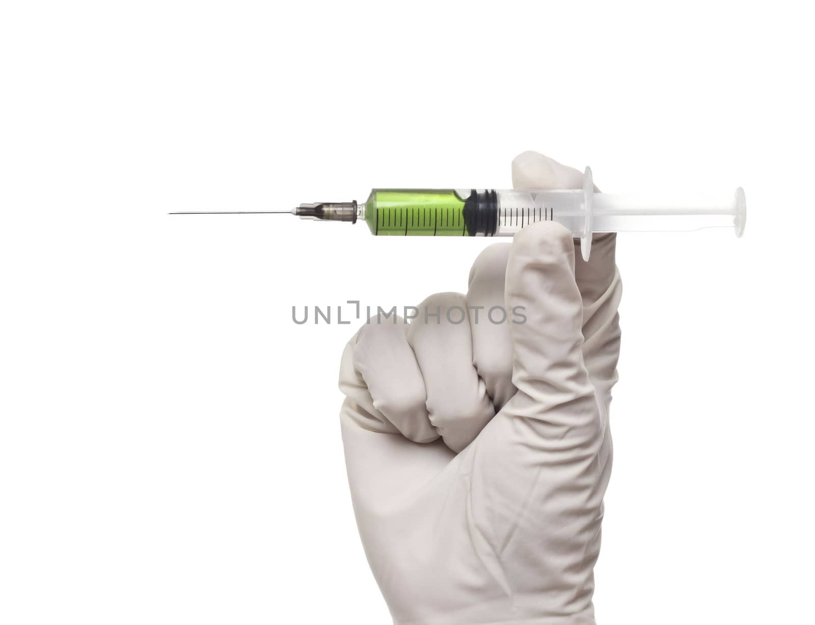 Hand holding syringe isolated on white