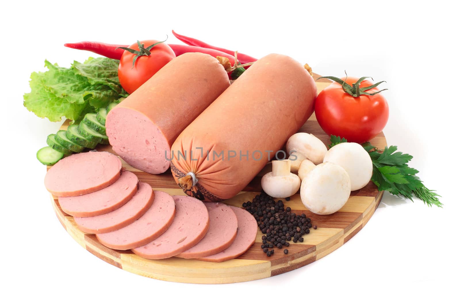 sausage on plate with vegetables by shutswis