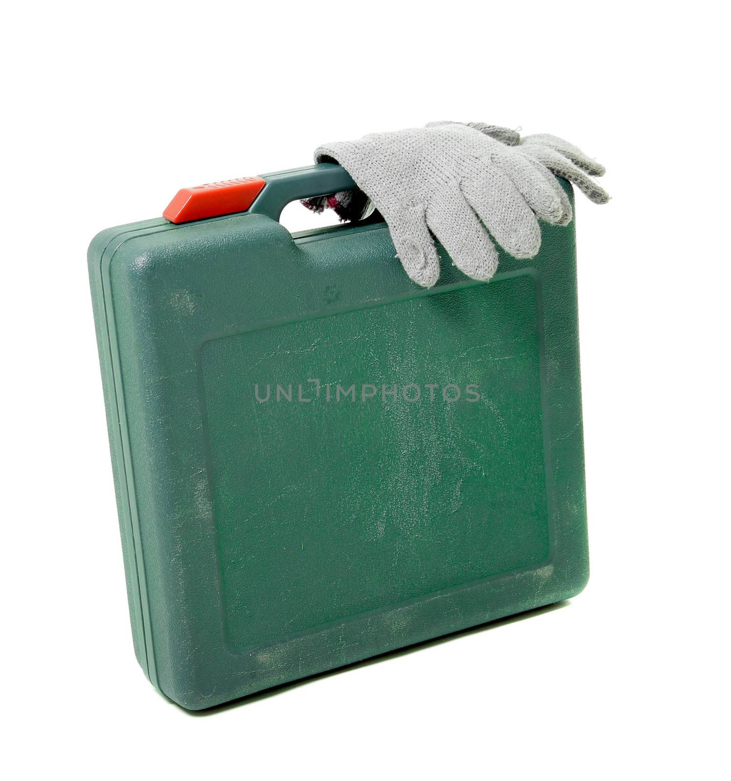 tool box with gloves isolated on white