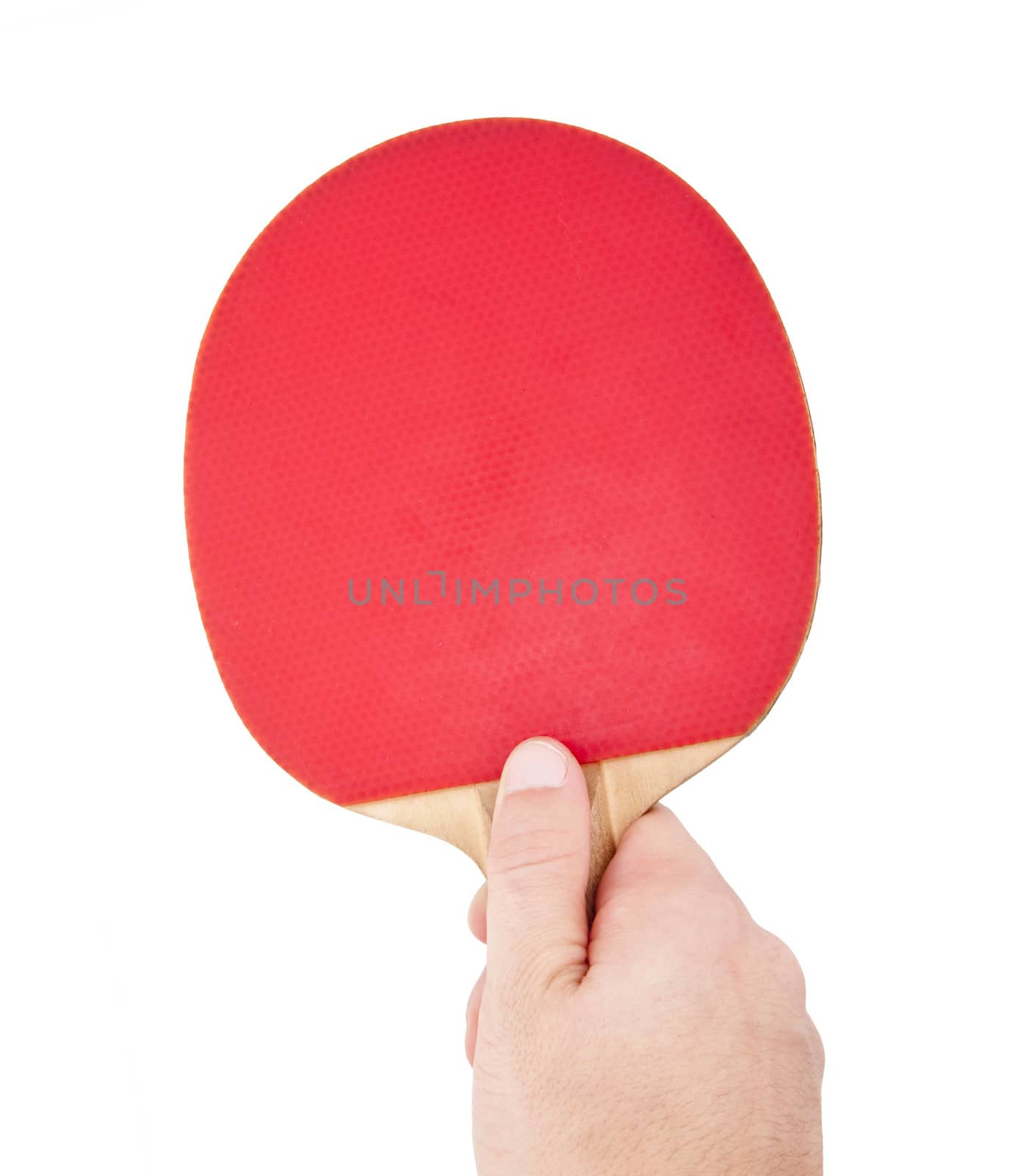 Red table tennis racket in the hand