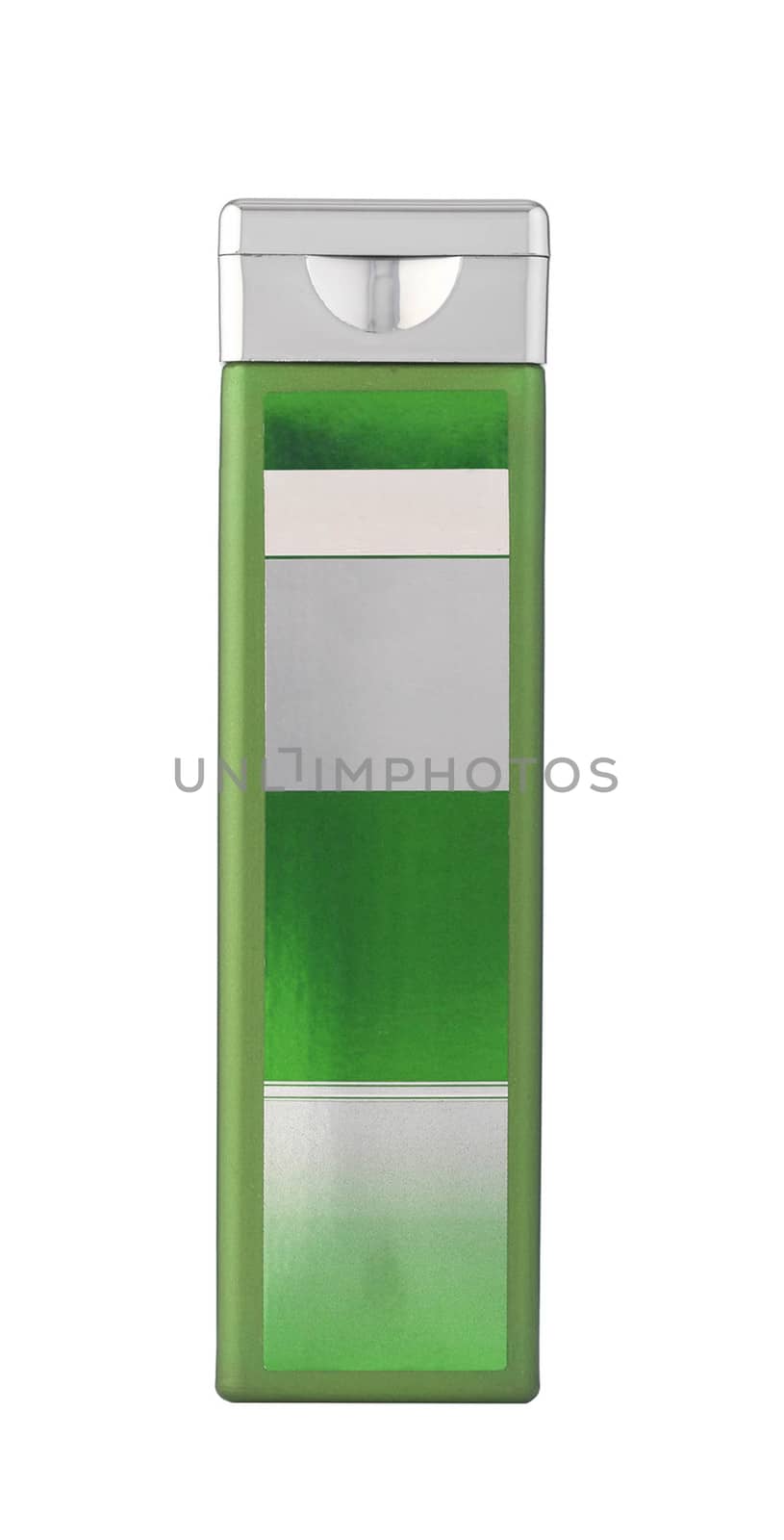 Green shampoo bottle on white isolated