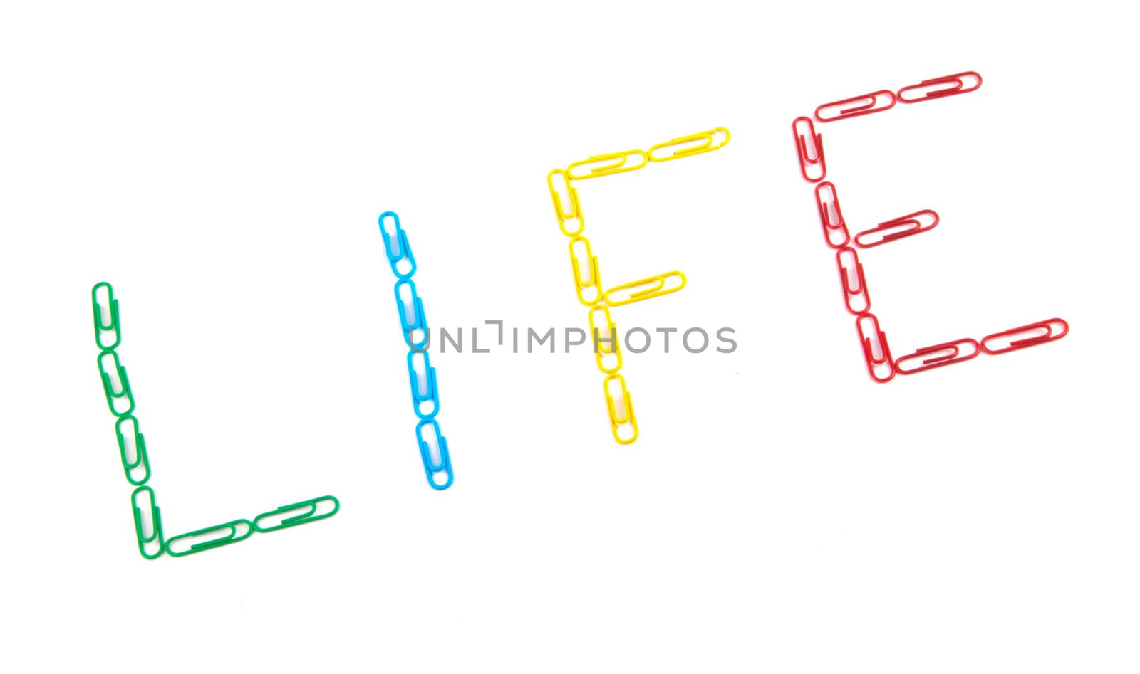 word "life" made with multicolored paper clips