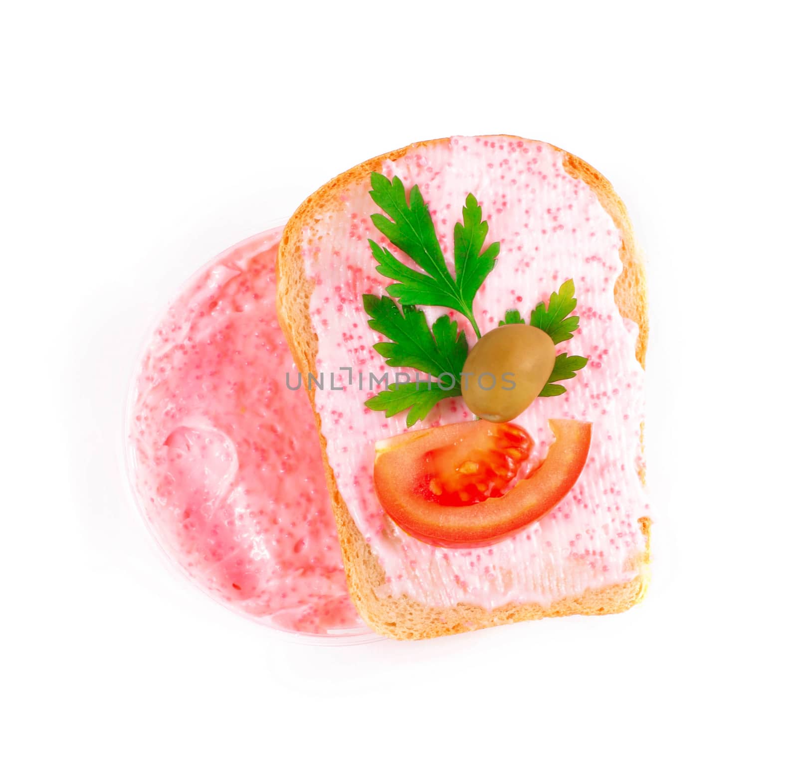 toast with tomato and fish caviar cream by shutswis