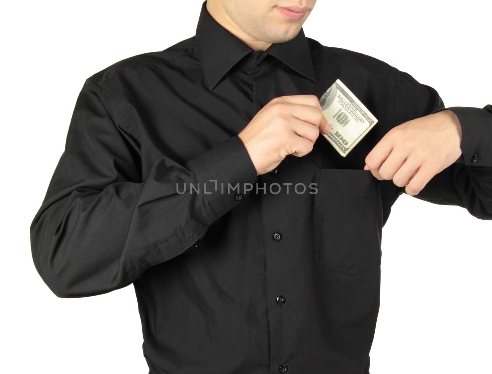 Businessman putting money in shirts' pocket by shutswis
