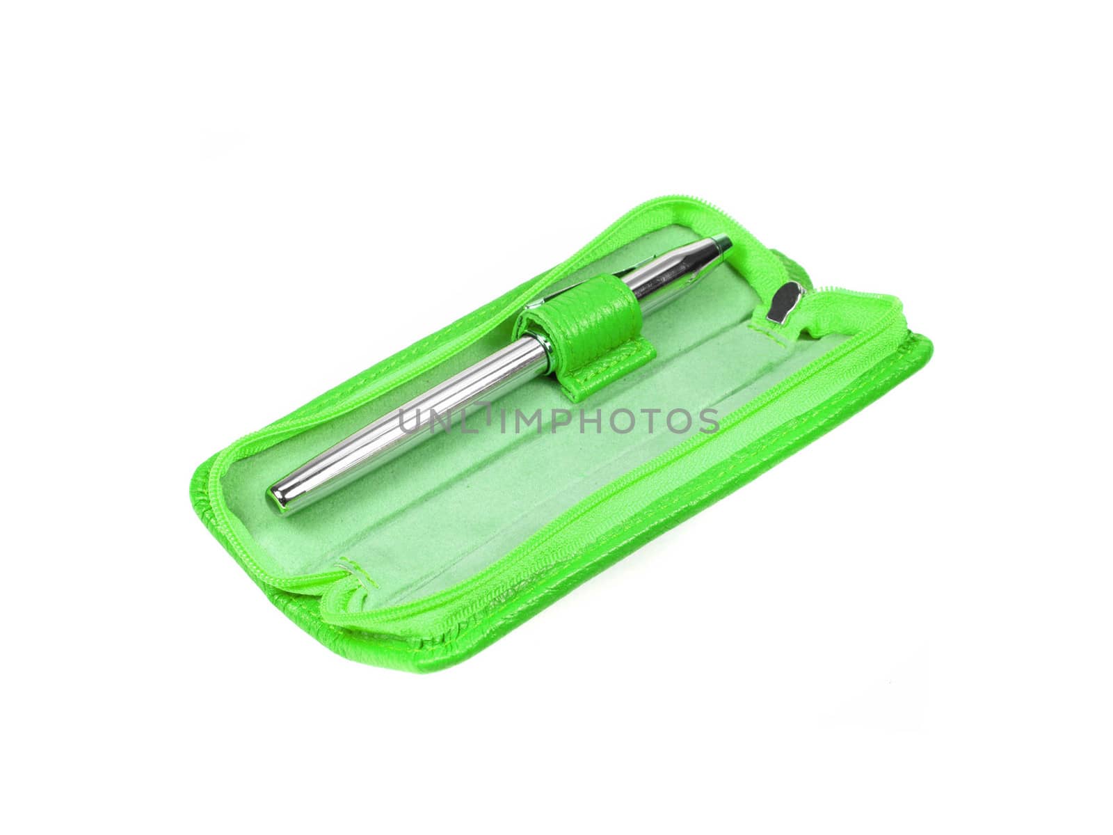Green pen case isolated