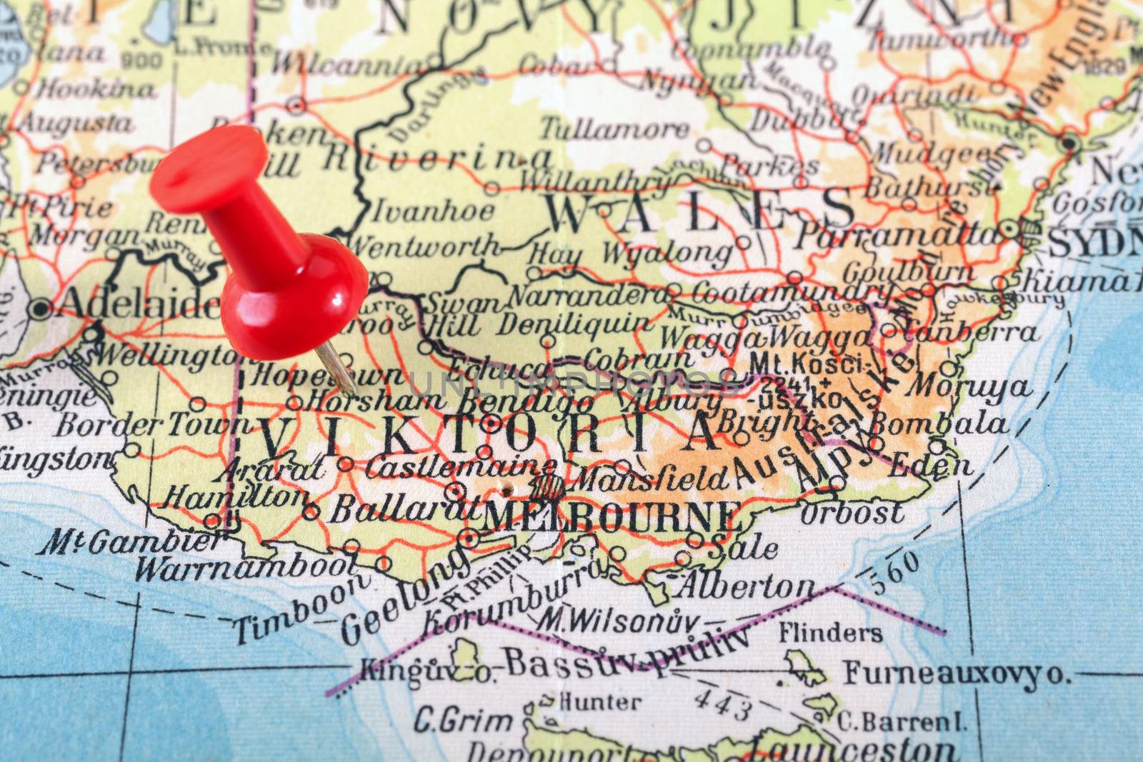 Red push pin showing the location of a destination point on a map. Australia - Viktoria