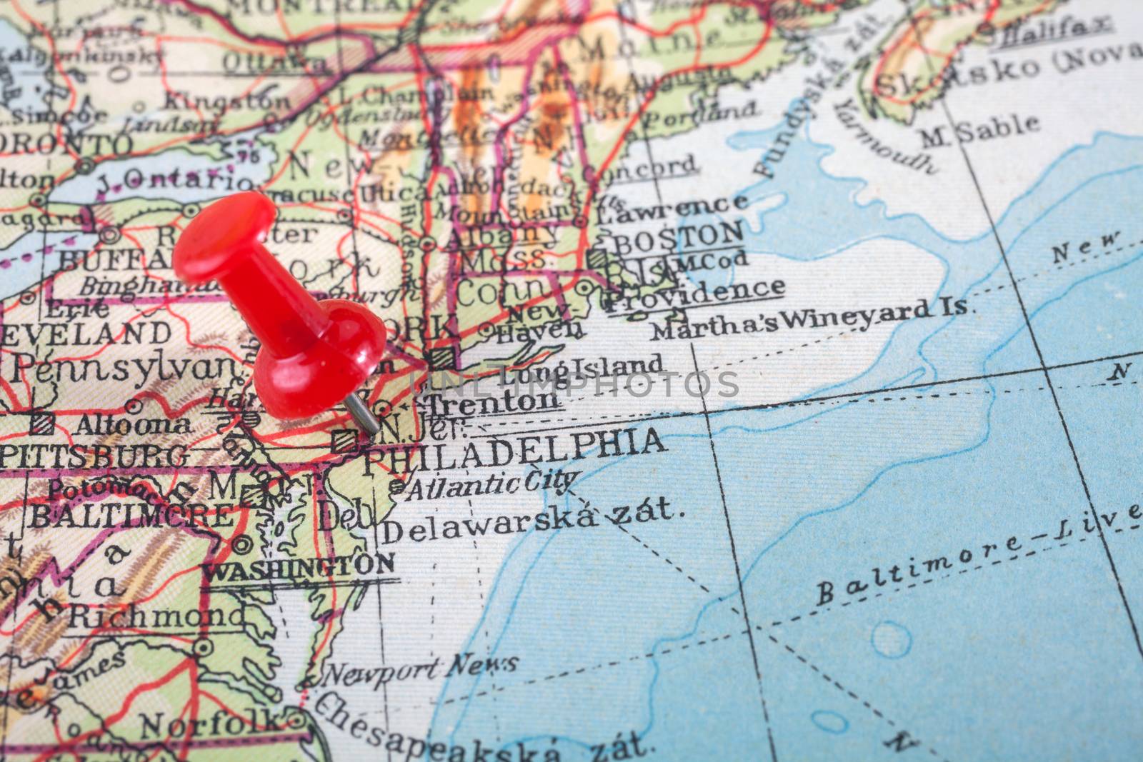 Red push pin showing the location of a destination point on a map. Philadelphia