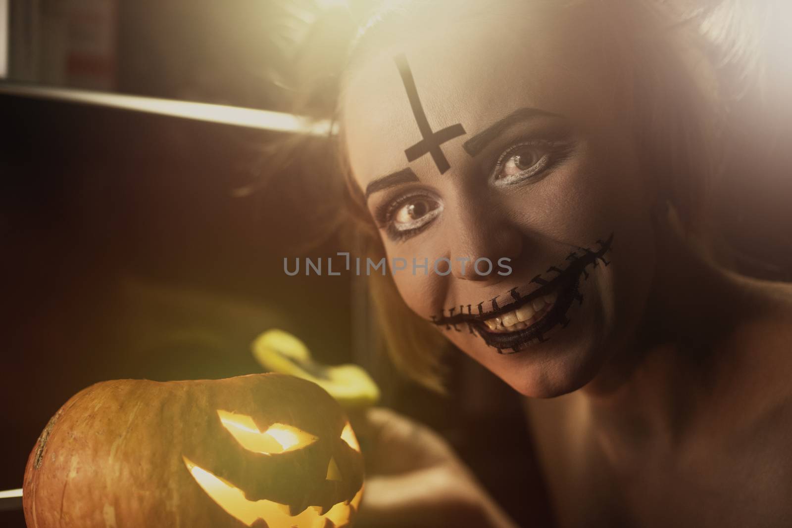 Horrible girl with scary mouth and eyes, halloween theme