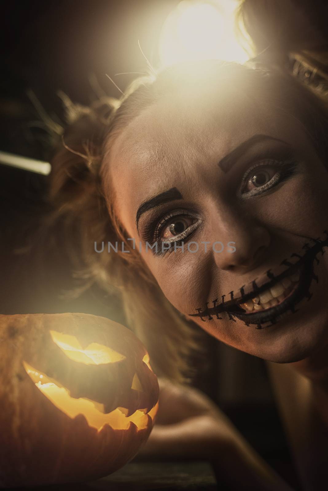 Horrible girl with scary mouth and eyes, halloween theme