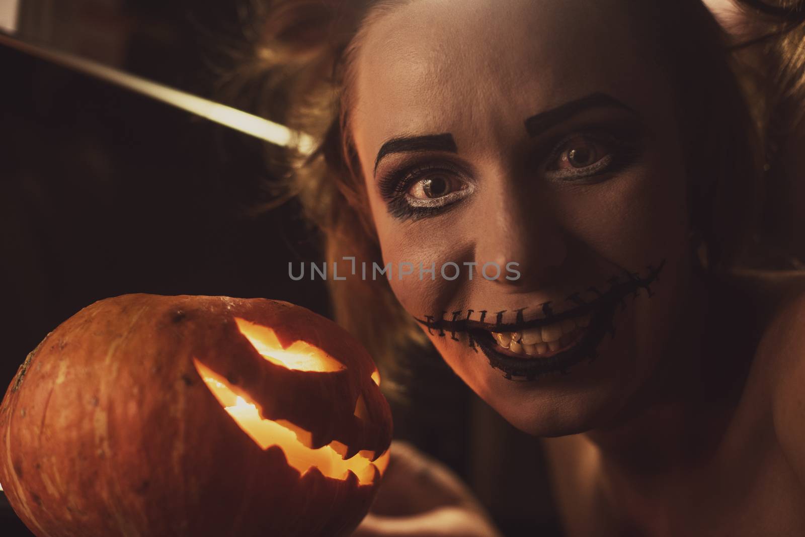 Horrible girl with scary mouth and eyes, halloween theme